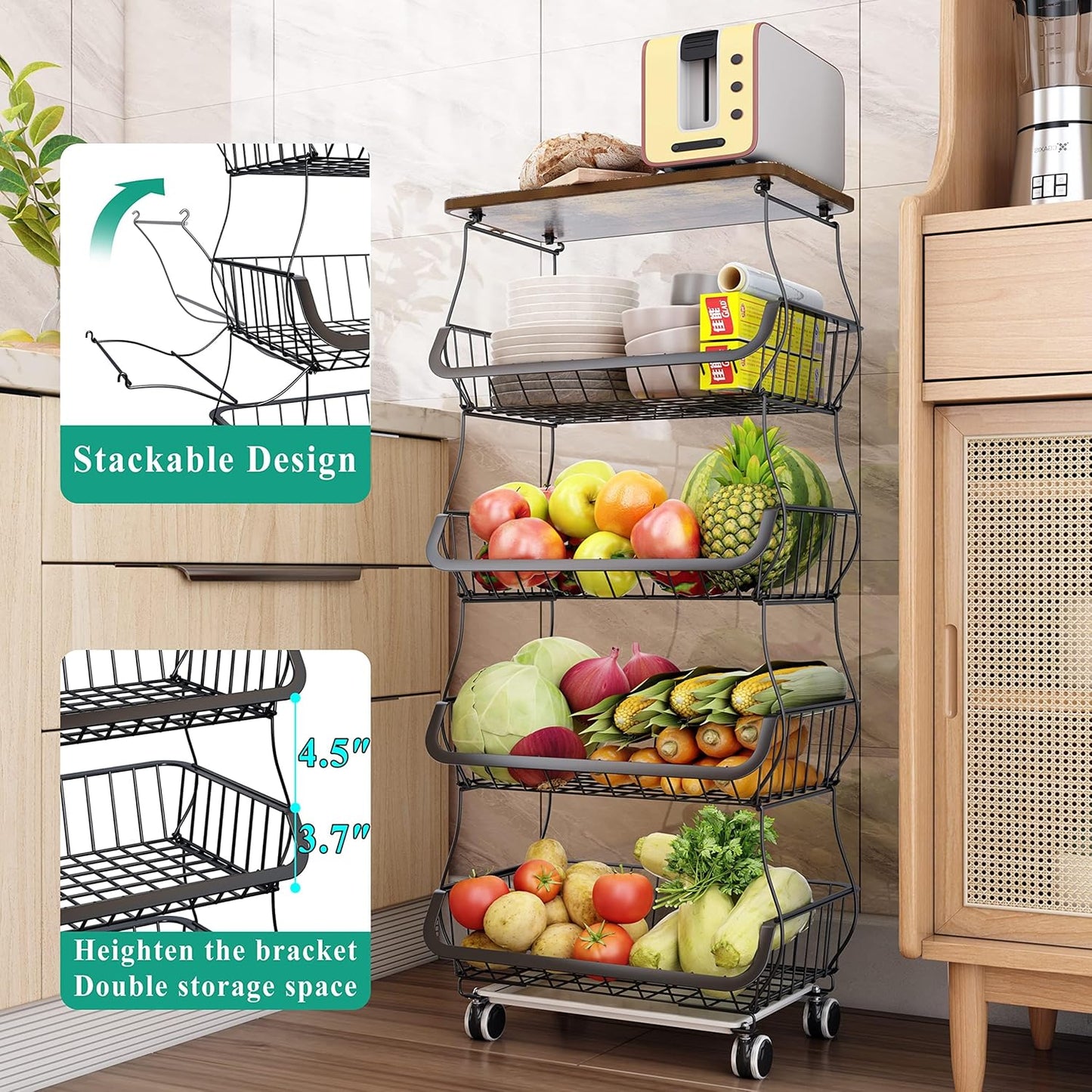 Fruit Basket Kitchen Pantry Organizers and Storage - Wooden Top Table