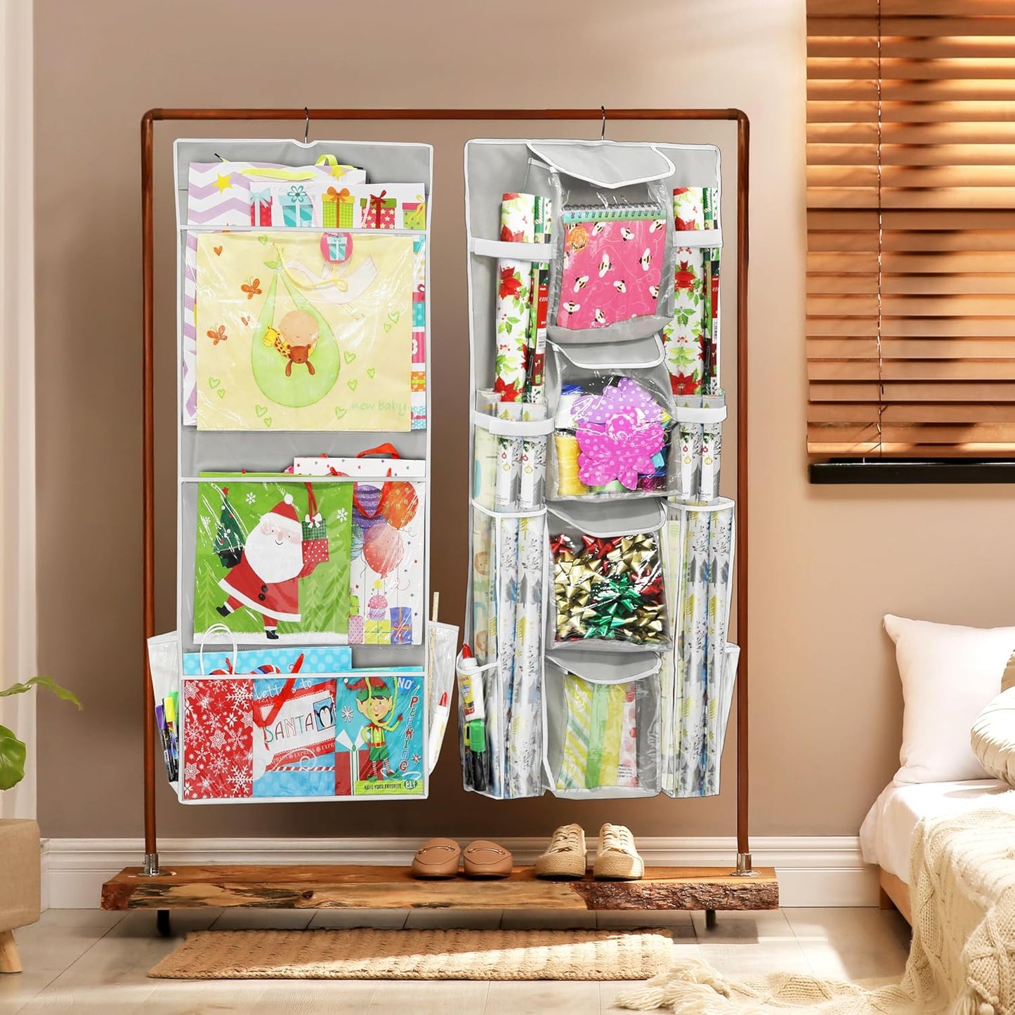 Double-Sided Hanging Gift Wrap Organizer Storage Pockets, Gray (Set of 1)