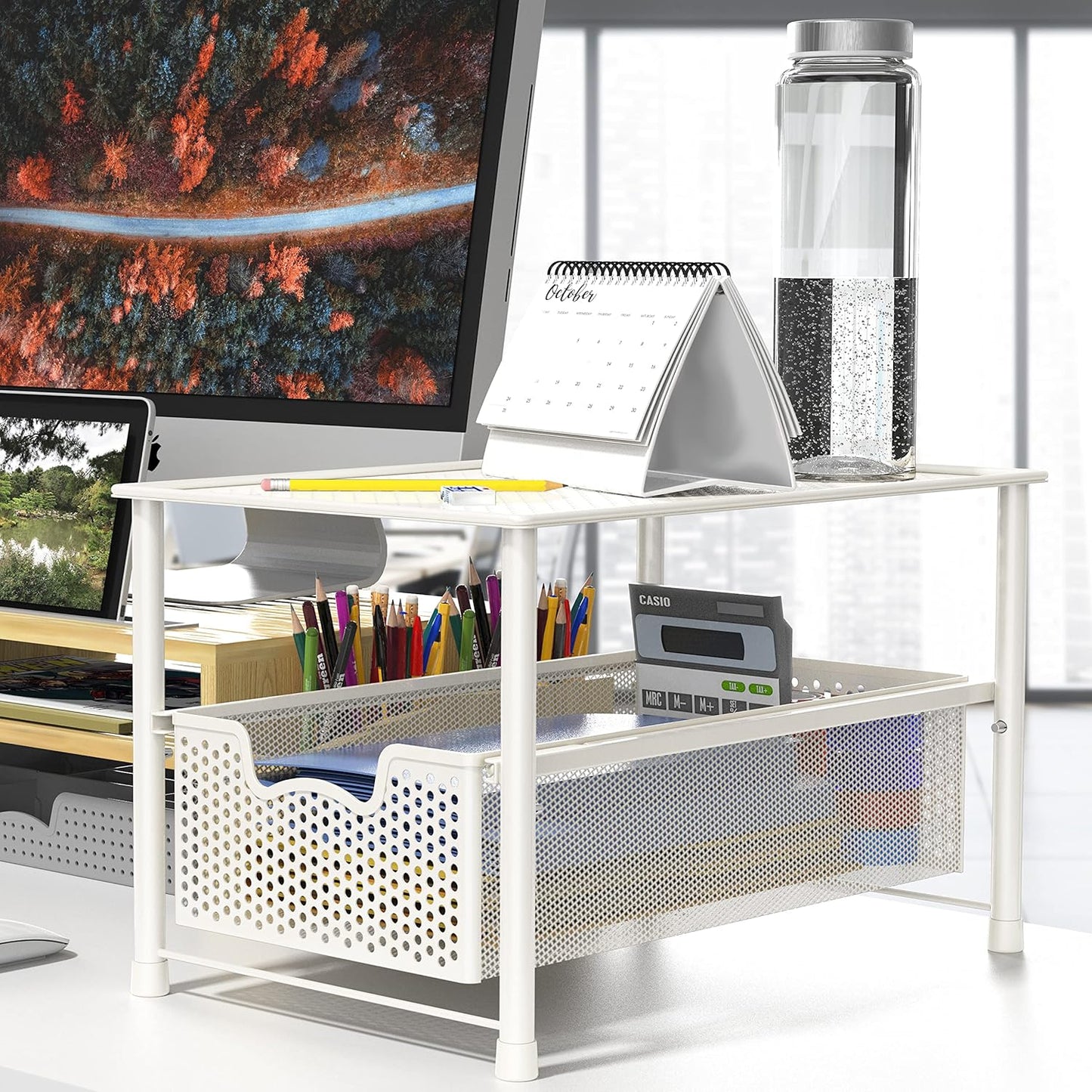 Stackable Under Sink Cabinet Sliding Basket Organizer Drawer, White