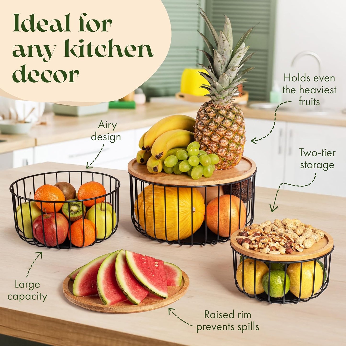 Fruit Basket for Kitchen Counter Set of 3 - Large Stackable Baskets with Bamboo Lid - Fruit Bowl