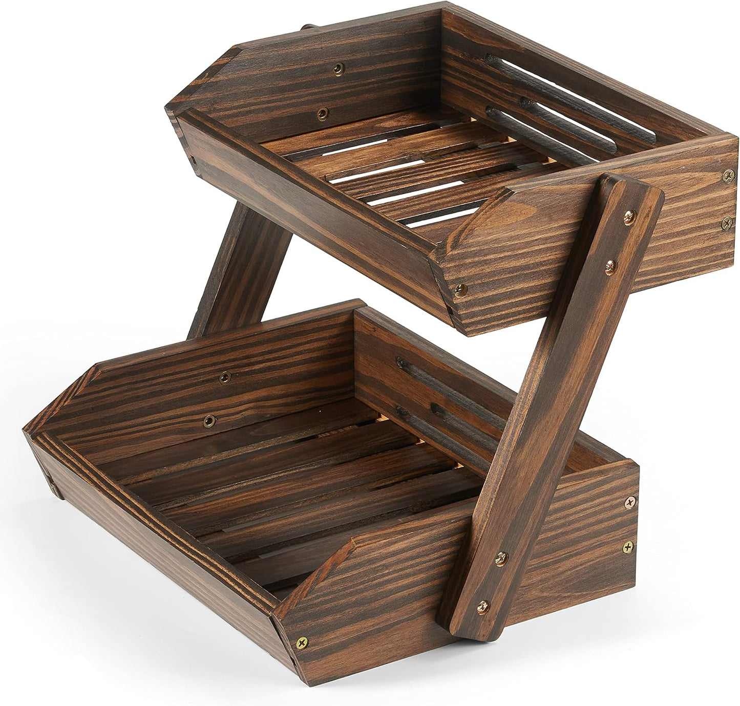 Large Capacity 2-Tier Wooden Fruit Basket, Durable Acacia Wood, 10.5" Tall, Spacious for Produce