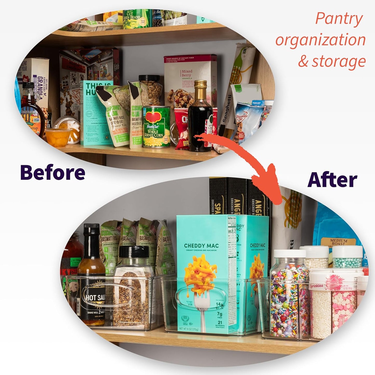 Plastic Pantry Bins with Removable Dividers - Kitchen Storage and Organization (4 Pack)