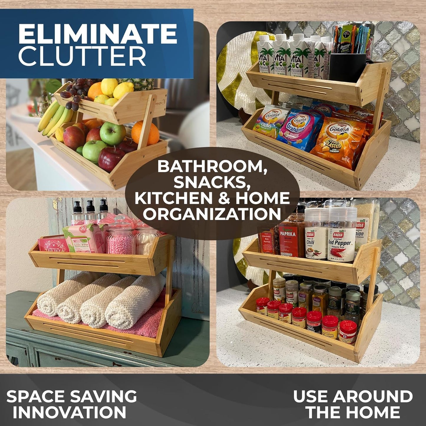 2 Tier Bamboo Fruit Basket for Kitchen Counter with Banana Hanger Hooks