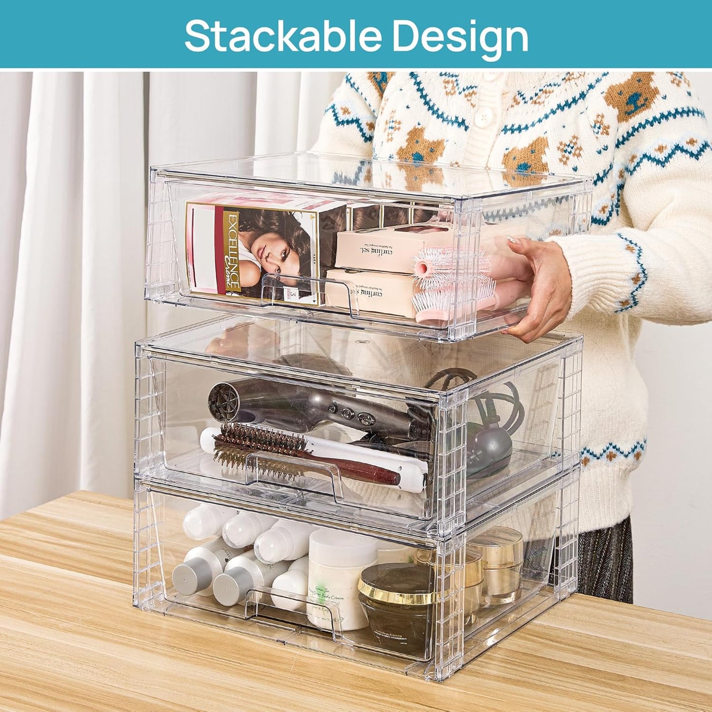 2 Pack Large Stackable Storage Drawers,Easily Assemble Clear Acrylic Bathroom Closet Undersink Organizers,Plastic Storage Bins for Cabinet,Kitchen Pantry,Medicine Organization