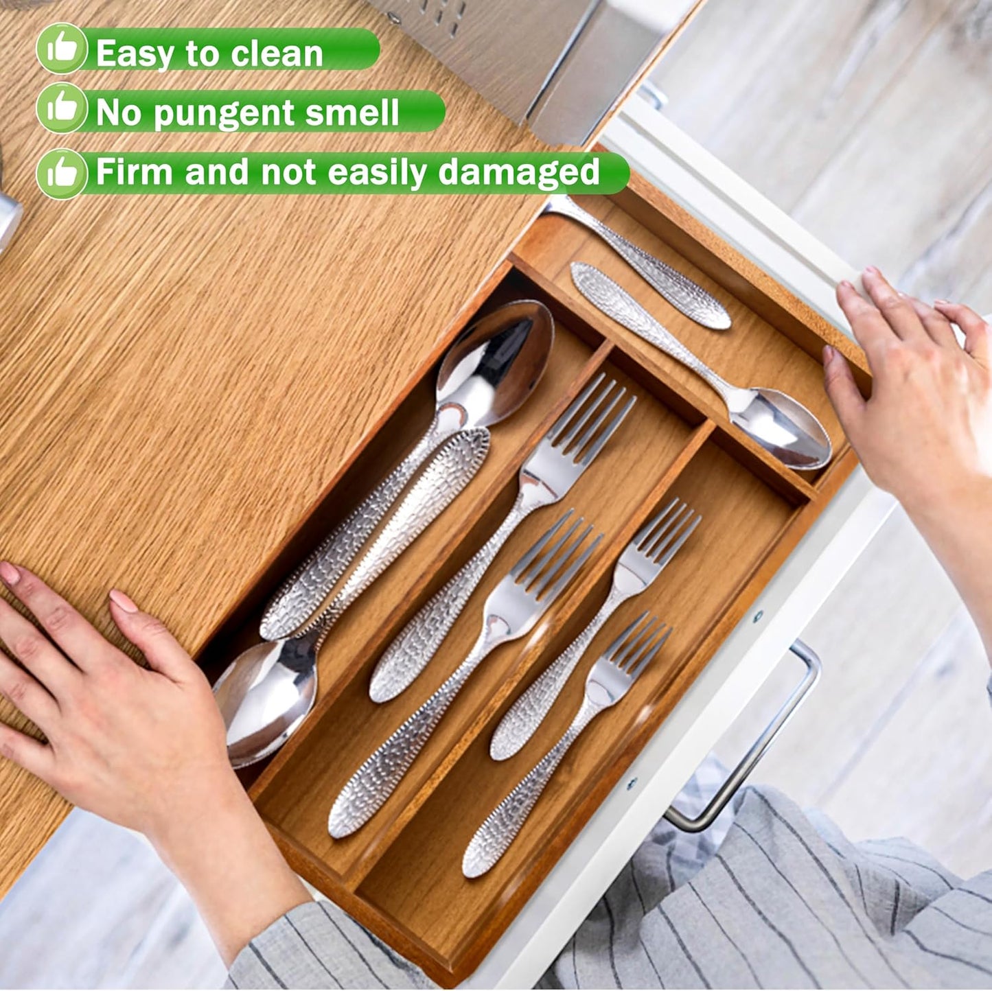 Acacia Wood Silverware Organizer 10 In Utensil Organizer Silverware Tray for Drawer Cutlery Flatware Organizer for Kitchen