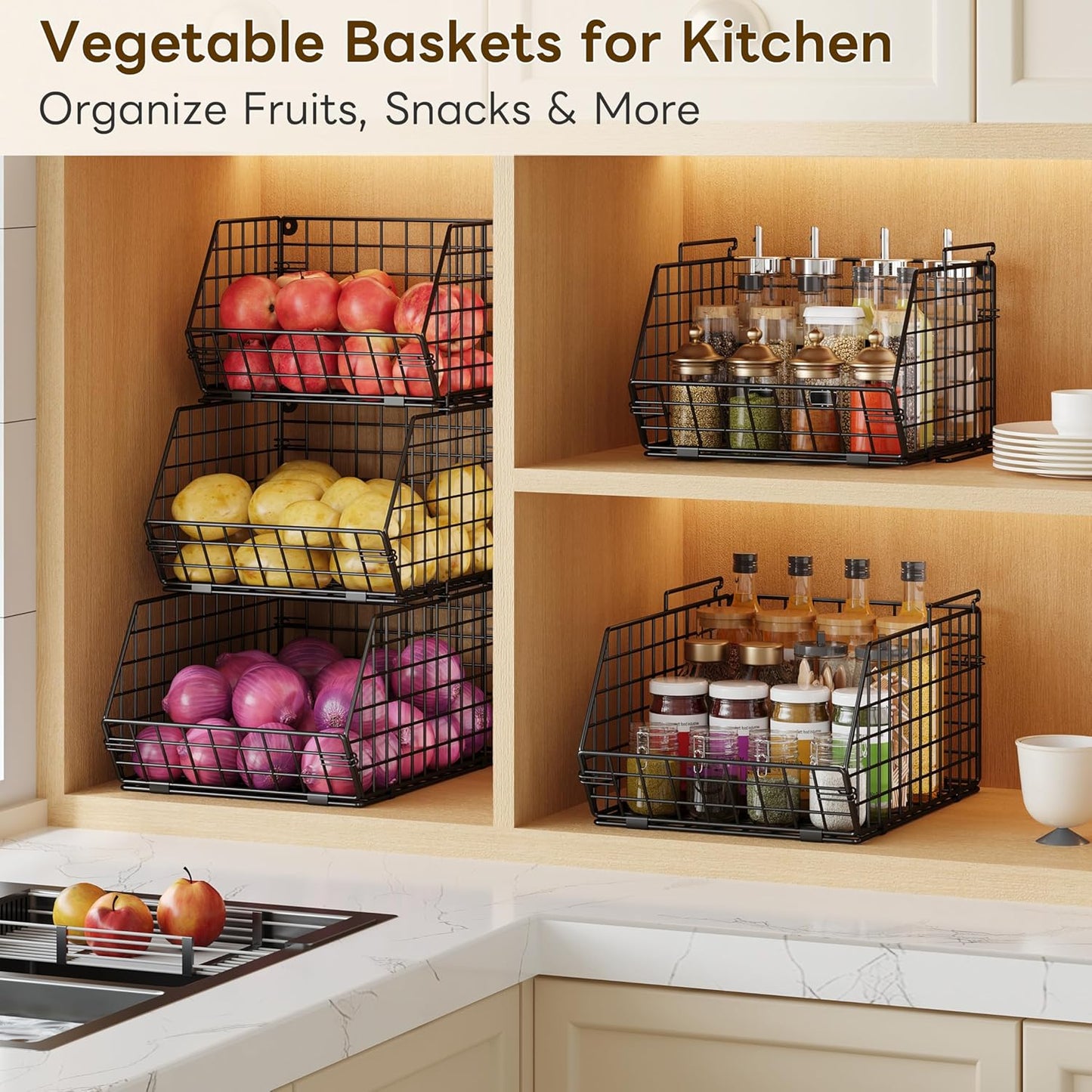 3-Tier Stackable Wire Baskets for Counter, Fruit and Vegetable Storage