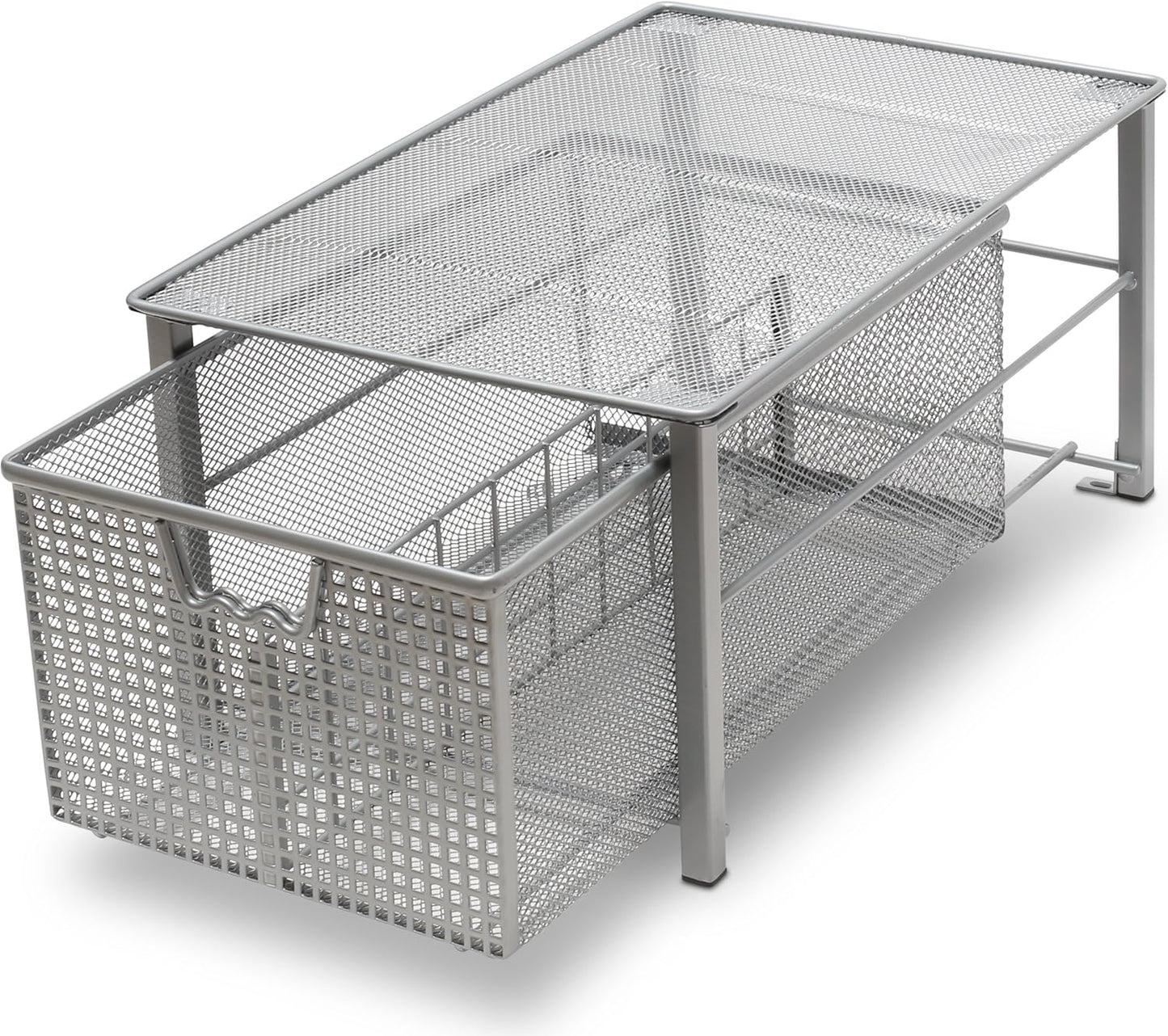 Stackable Pull Out Cabinet Sliding Basket with Dividers, Large, Silver