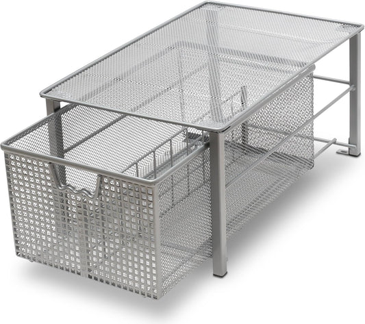 Stackable Pull Out Cabinet Sliding Basket with Dividers, Large, Silver