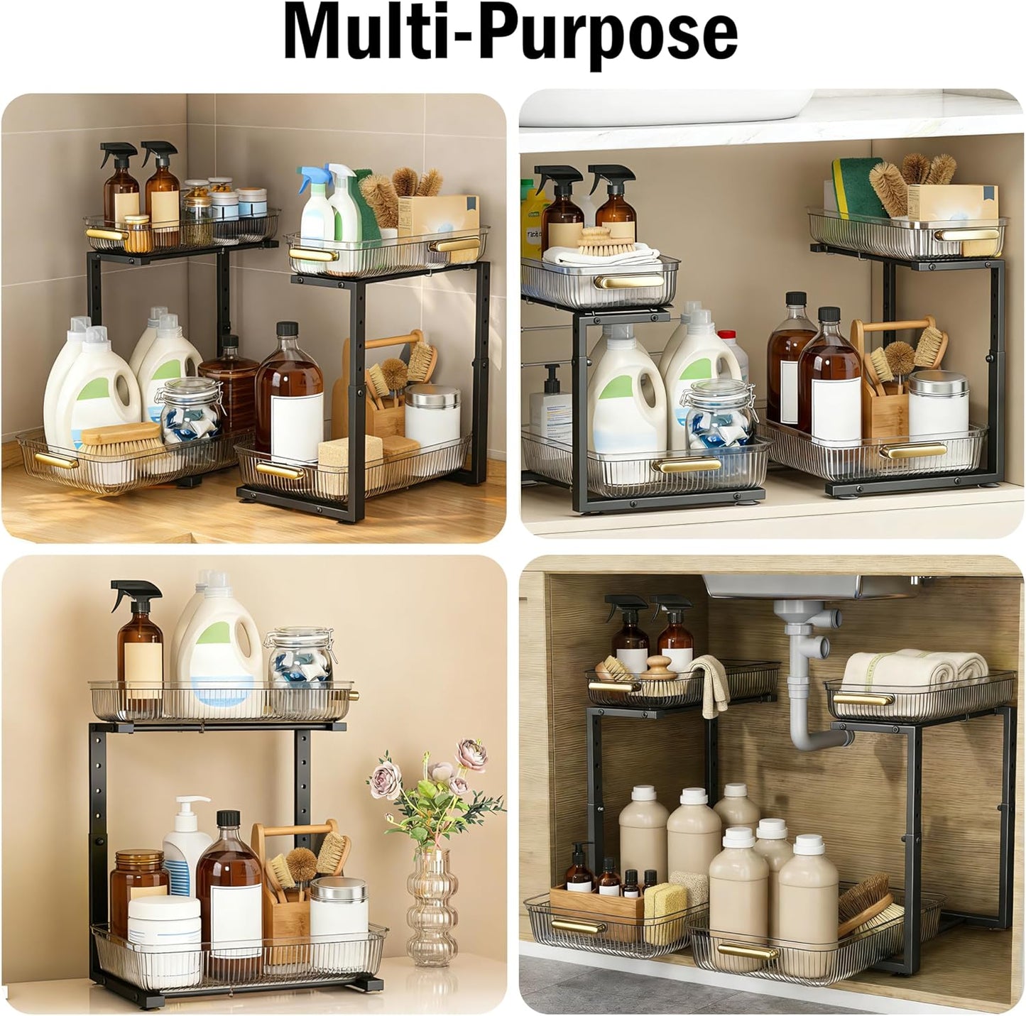 Under Sink Organizer - 2 Packs Multi-Purpose Pull-Out Storage Organizers