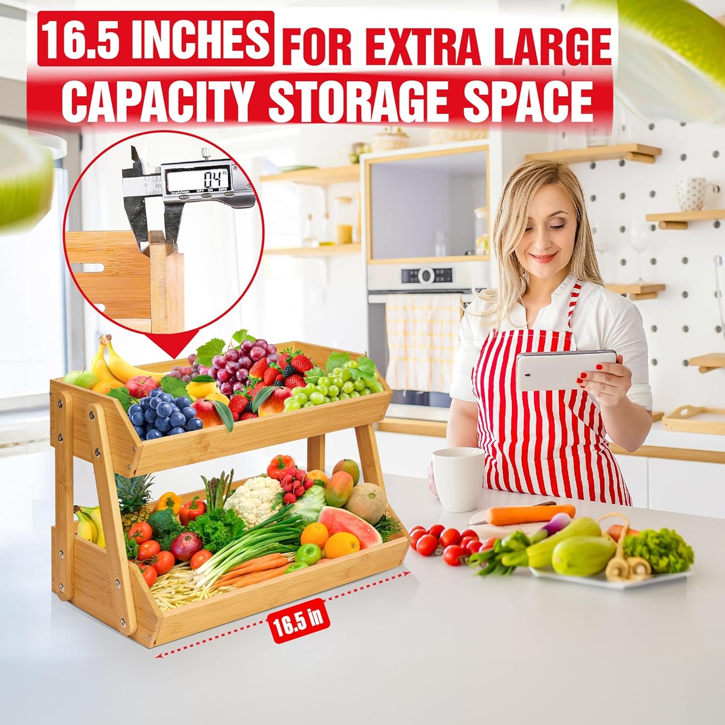 [Upgraded Length] 16.5-Inch Fruit Stand Storage Holder with 4 Sturdier Legs, 2-Tier Fruit Basket