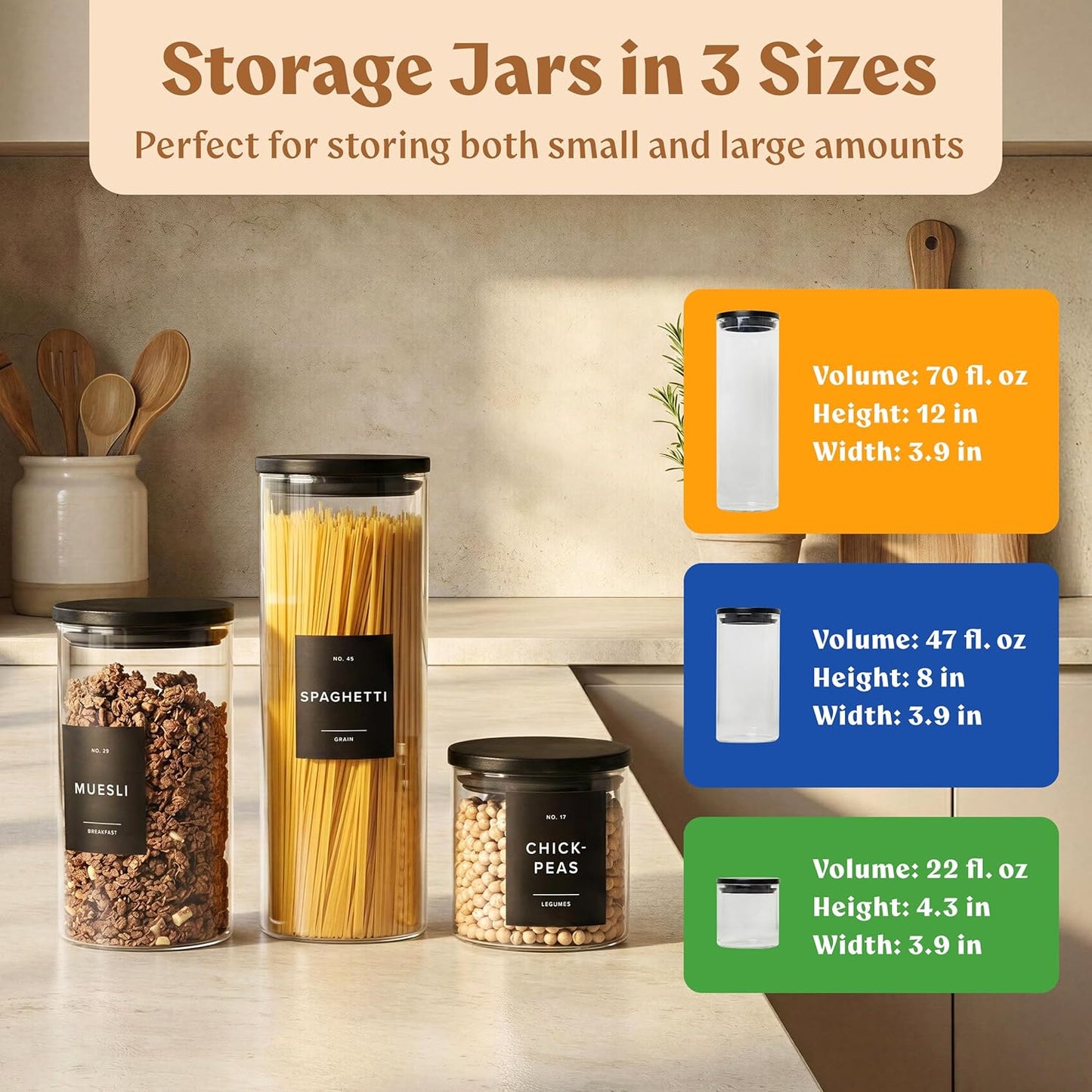 Glass Storage Containers with Black Lids [Extra Thick Glas] with 54 Labels