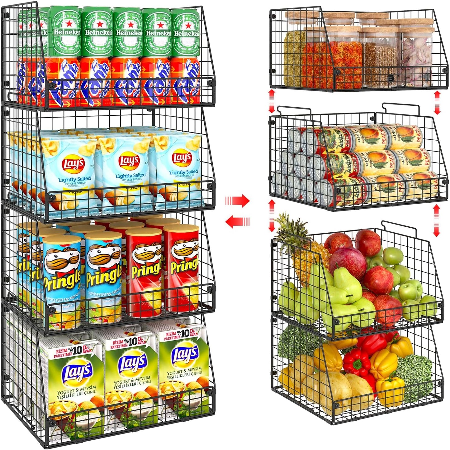 4 Pack XXL Stackable Wire Storage Basket, Extra Large Capacity Pantry Organizer and Storage