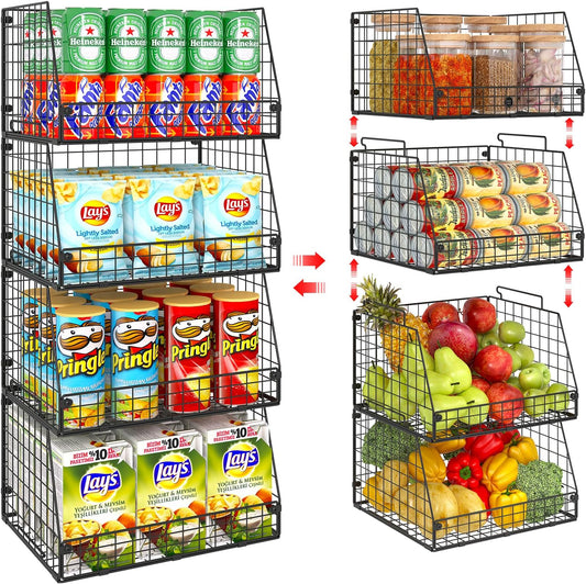 4 Pack XXL Stackable Wire Storage Basket, Extra Large Capacity Pantry Organizer and Storage