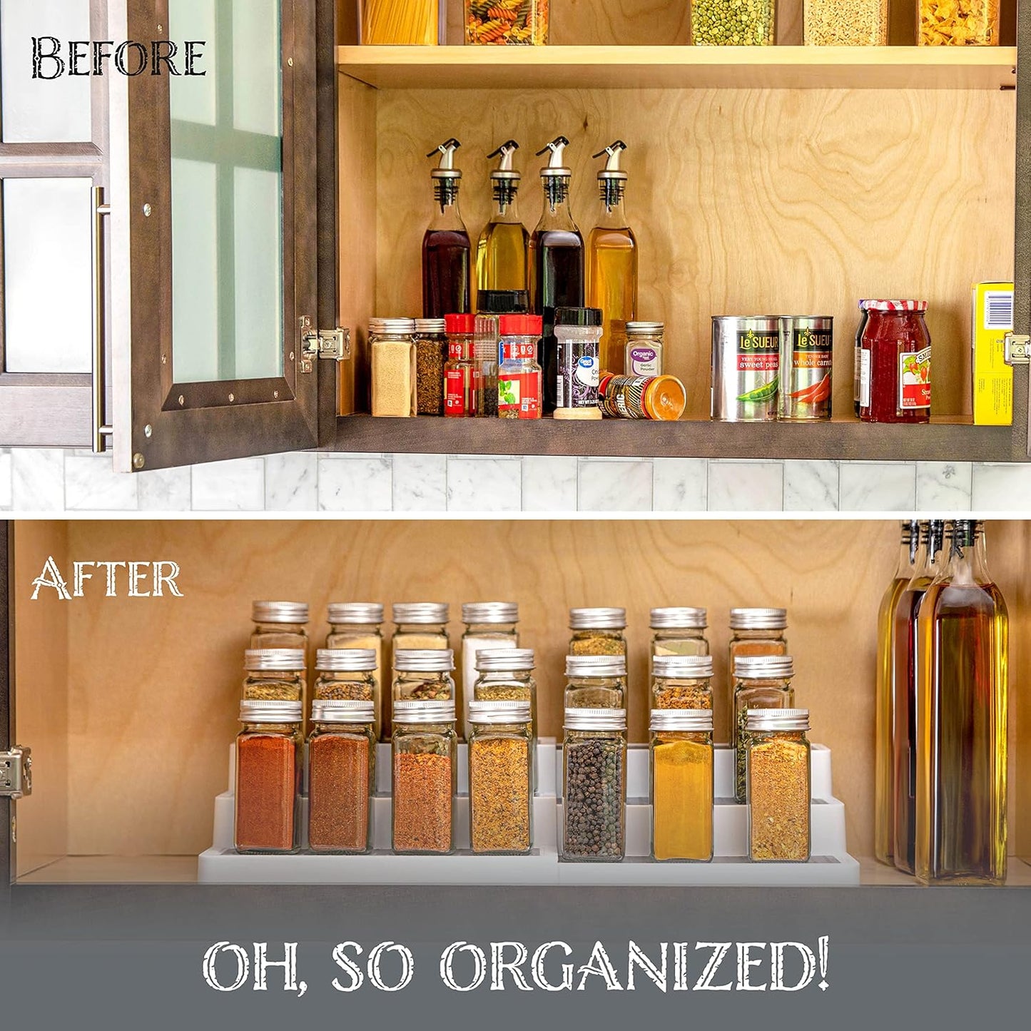 Plastic 3-Tier Expandable Spice Rack, Adjustable Length, Stability with Non-Skid Shelf
