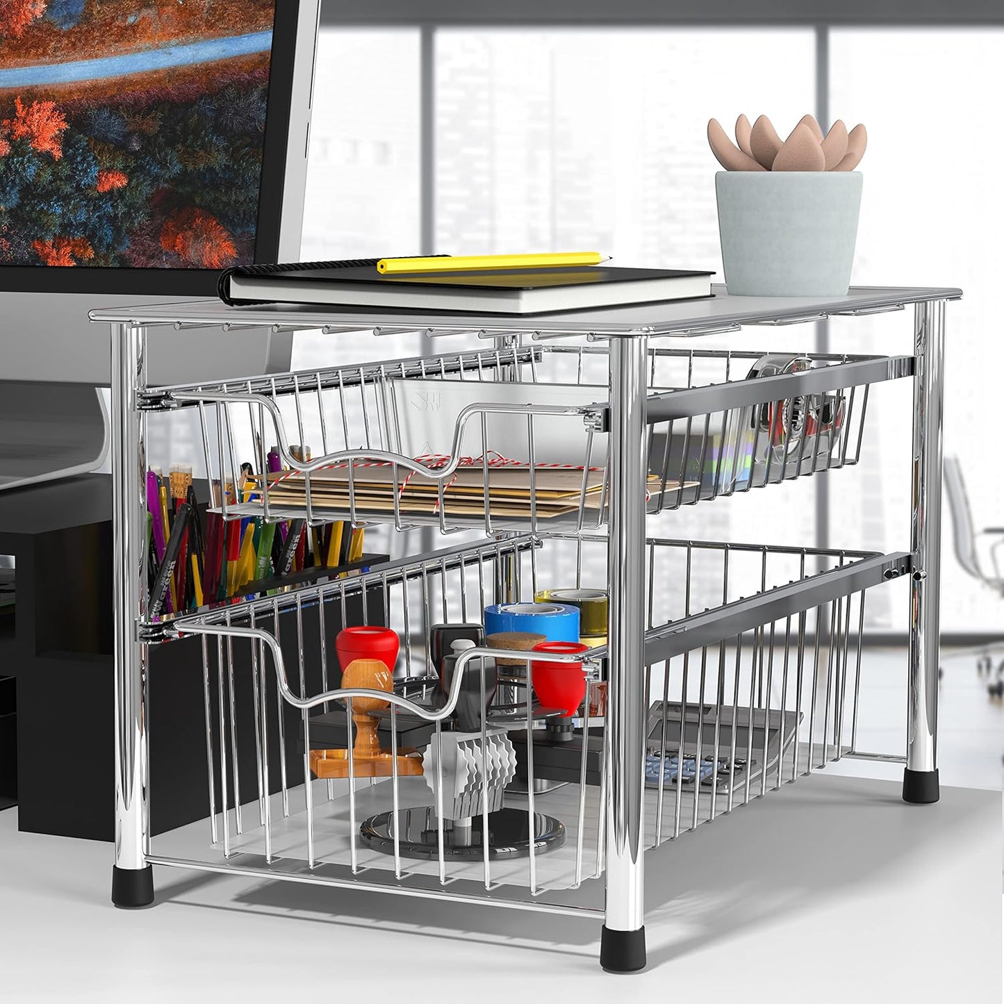 Stackable 2 Tier Sliding Basket Organizer Drawer, Chrome
