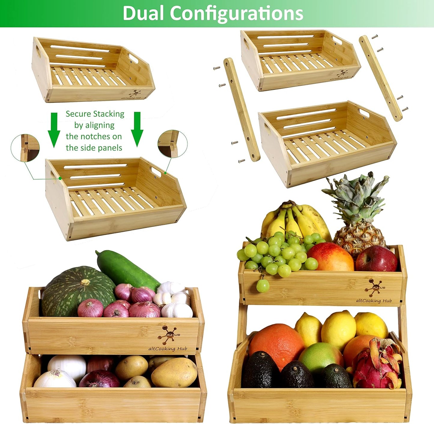 Bamboo Storage Bin - Multipurpose Open Front Stacking Bins for Kitchen & Pantry