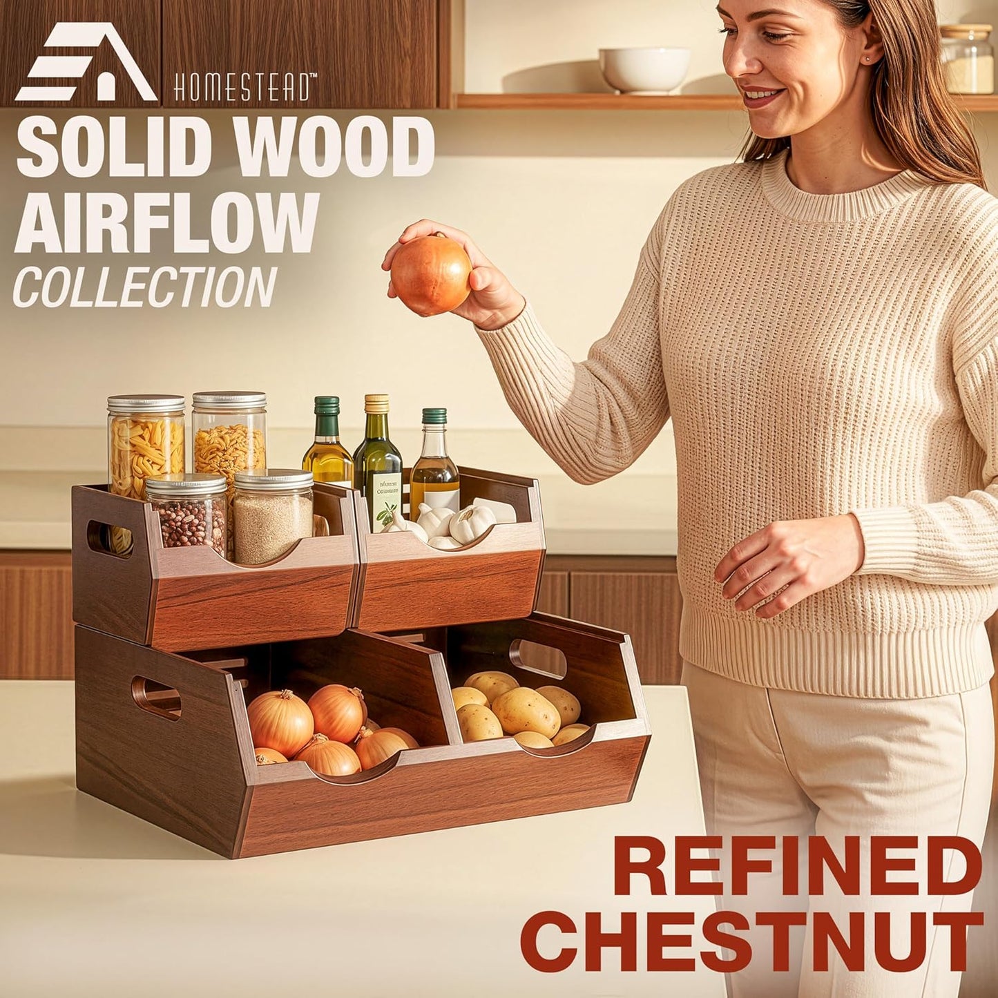 Stackable Solid Wood Storage Bins for Kitchen Pantry & Countertop