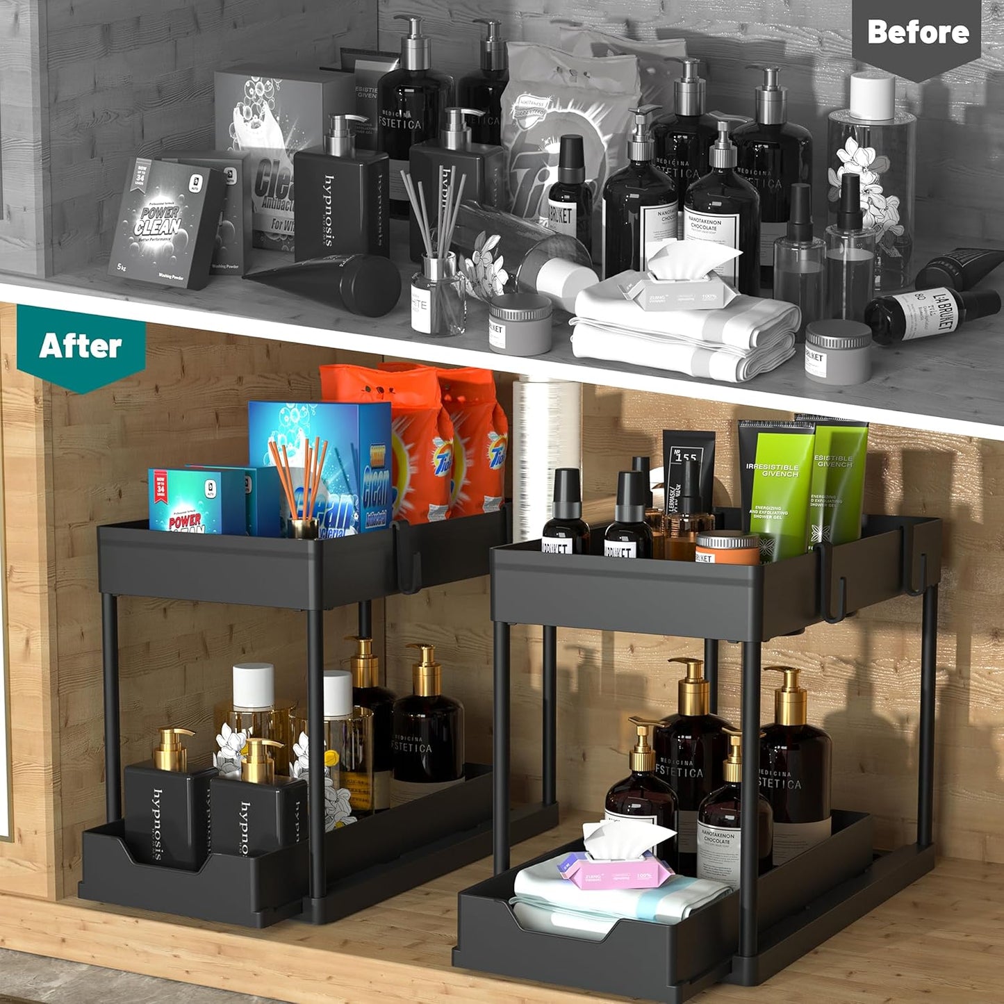 Under Sink Organizer 2 Pack, Bathroom Cabinet Organizer