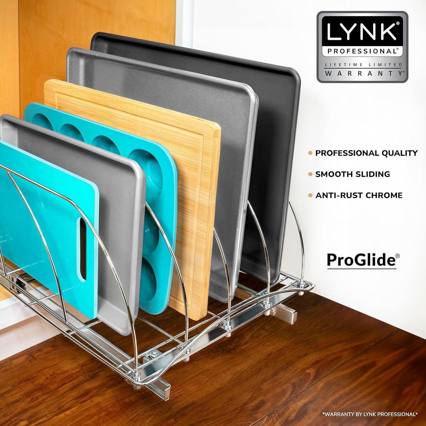LYNK PROFESSIONAL® Pull Out Cookie Sheet Organizer for Cabinet – Baking Sheet Organizer – Sheet Pan Organizer - Lifetime Ltd. Warranty – 14” x 21” Deep Inside Cabinet, Chrome