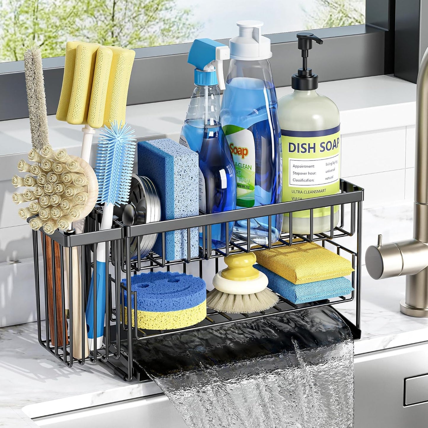 2-Tier Kitchen Sink Caddy Organzier Rack with Flexible Dish Brush Holder