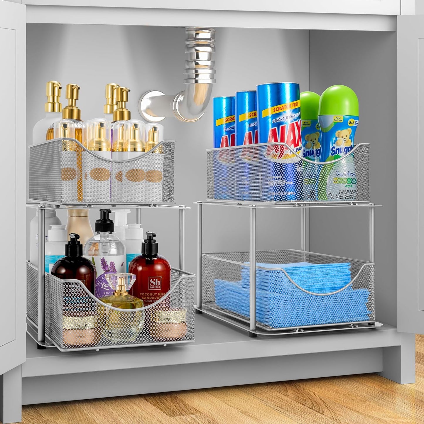 2 Sets of 2 Tier Metal Under Sink Organizer for Bathroom, Kitchen