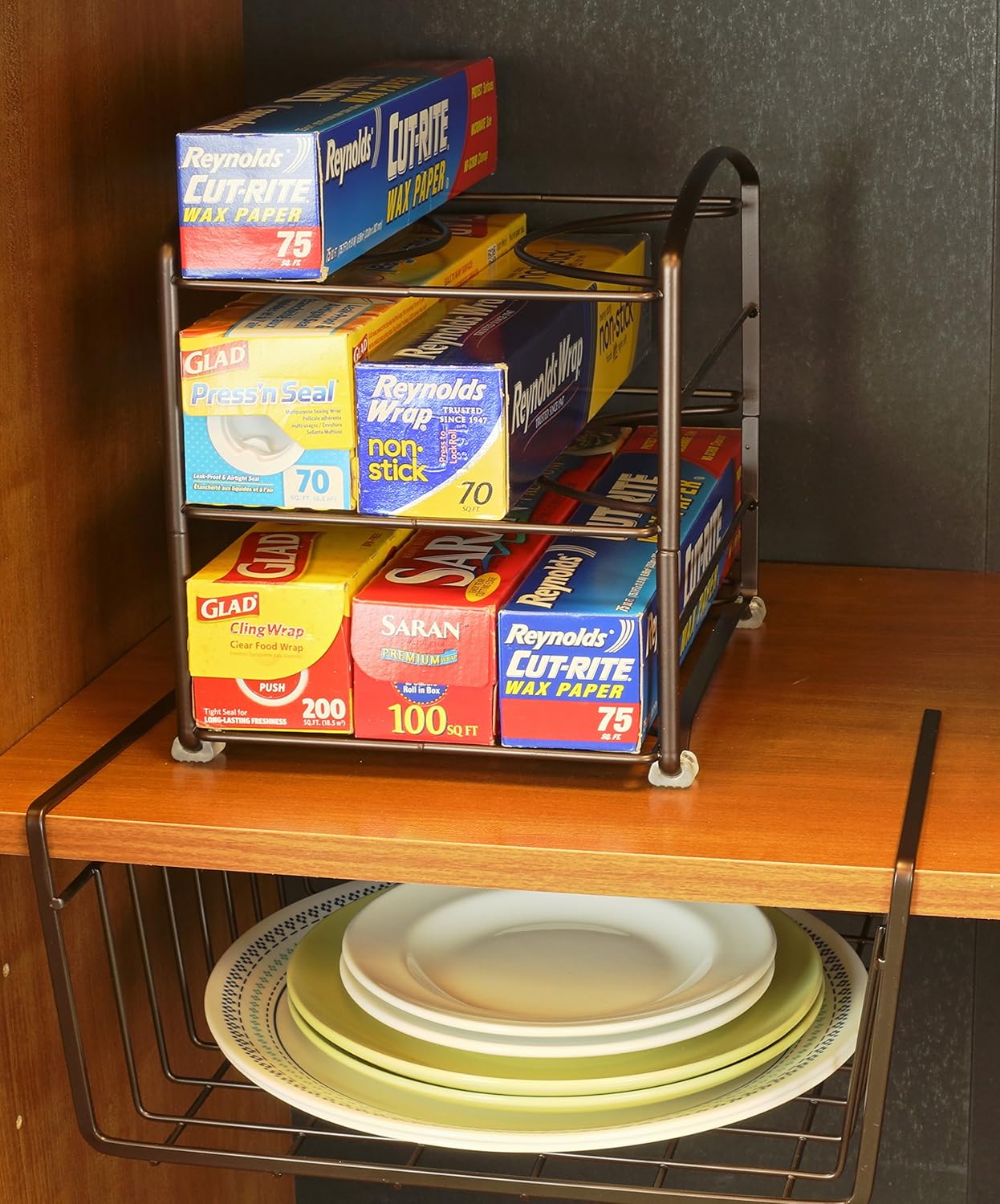 Wrap Organizer Rack for Kitchen Cabinet, 3 Tier, Bronze