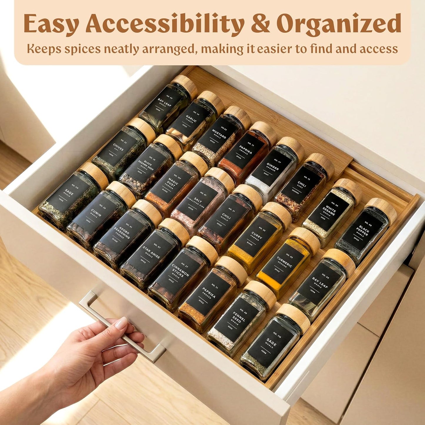 Bamboo Spice Drawer Organizer - Expandable 4 Tier Spice Rack (Need 3" Deep Drawer) 12" to 24" Wide