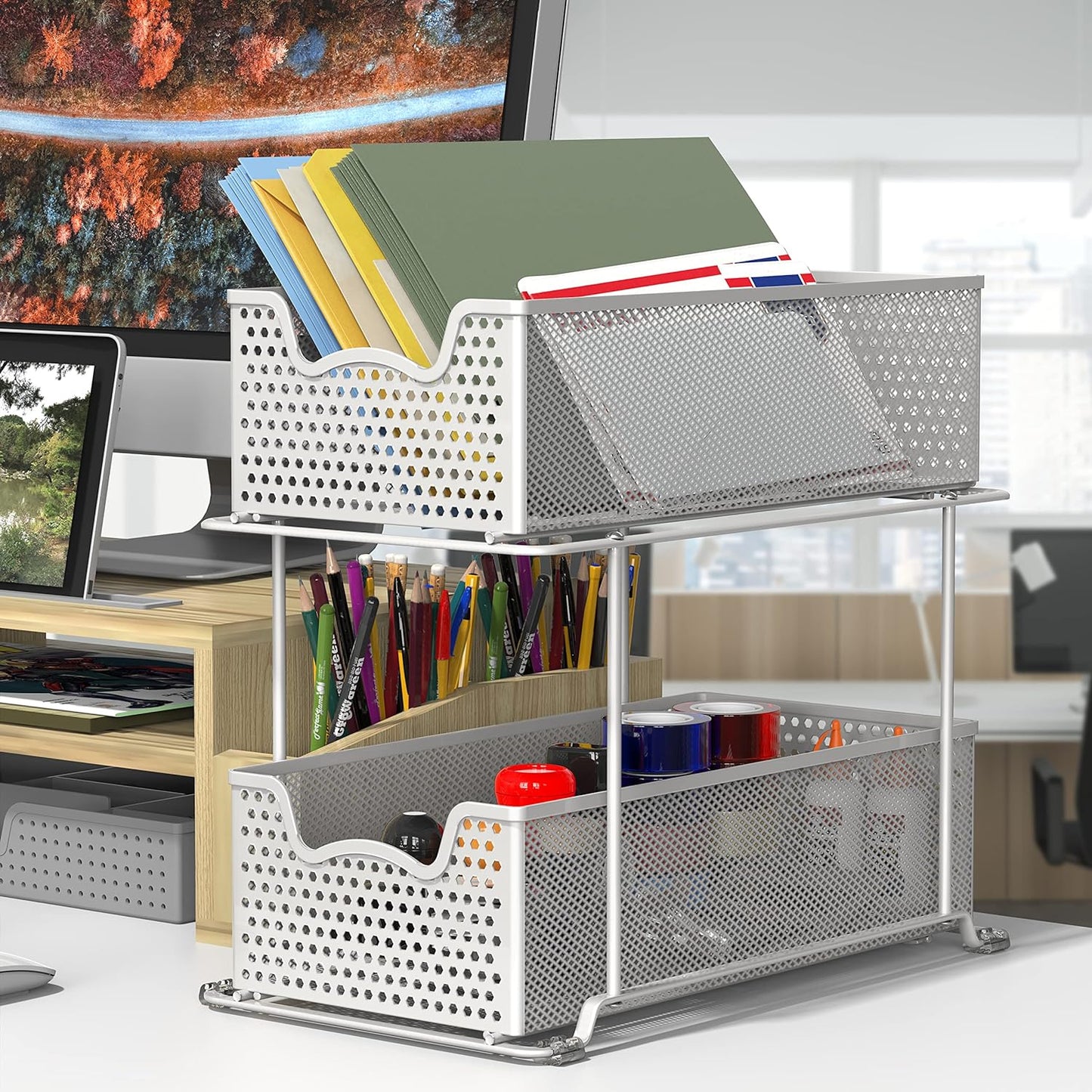 2 Tier Sliding Cabinet Basket Organizer Drawer, White