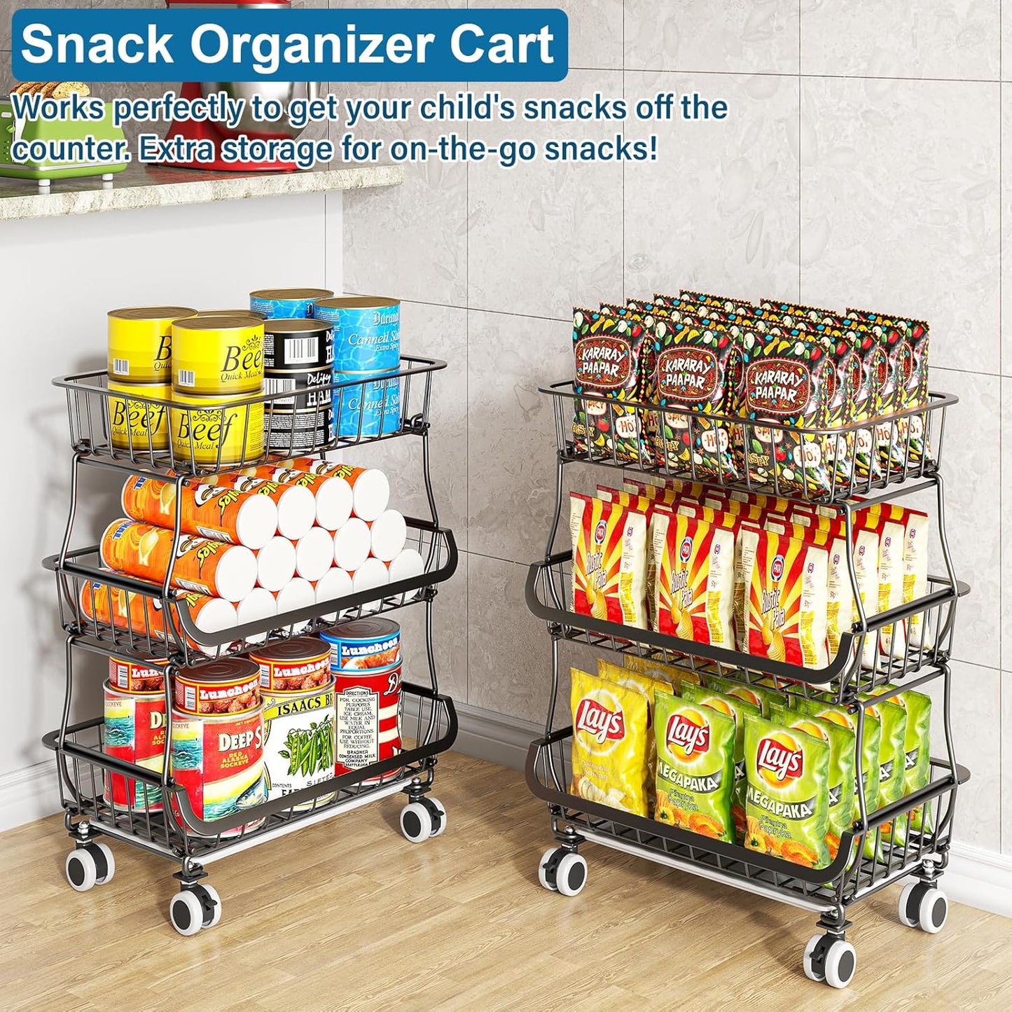 3-Tier Rolling Pantry Floor Organizer and Storage Cart with Wheels