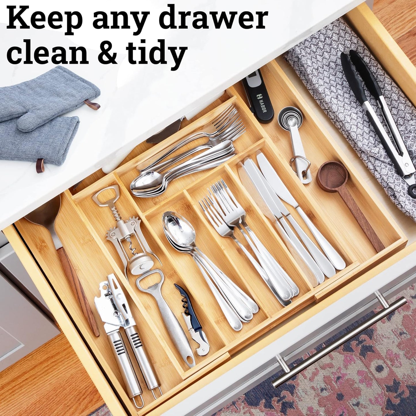 Premium Bamboo Drawer Organizer, Silverware Organizer, 100% Pure Bamboo