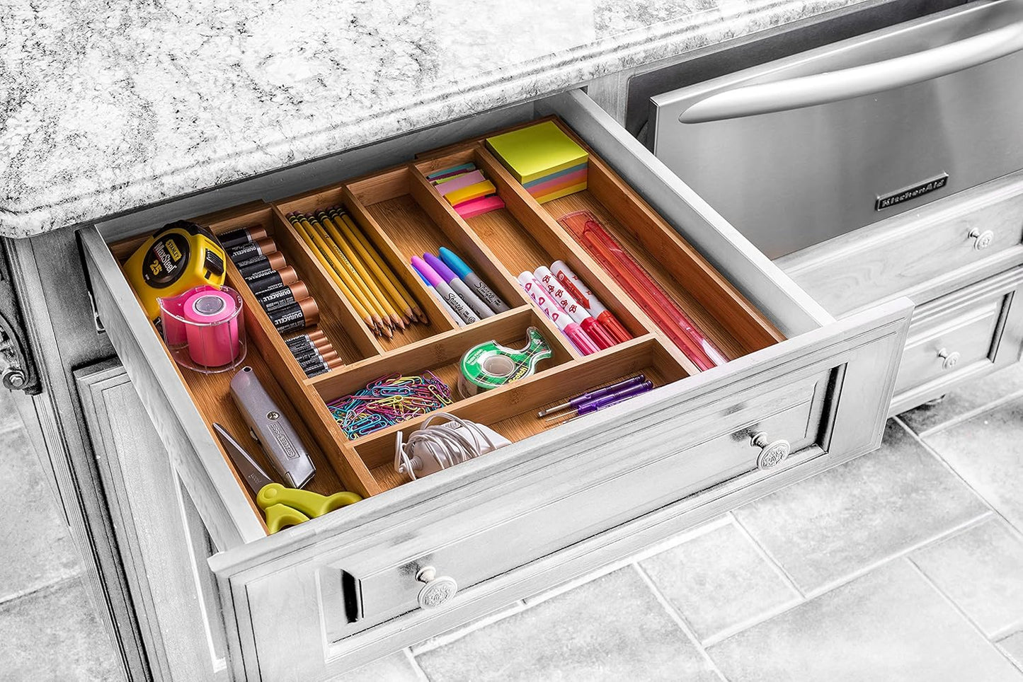 Expandable Bamboo Drawer Organizer - Large Kitchen Utensil Holder for Cutlery, Silverware