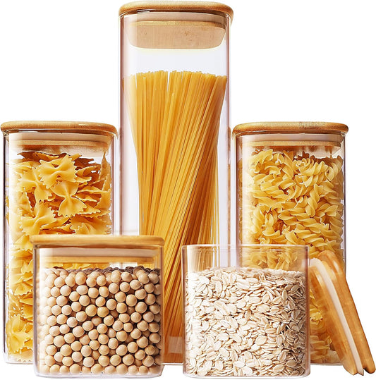Square Glass Jars with Bamboo Lids [Muti Size Set of 5], Glass Canisters with Airtight Lids