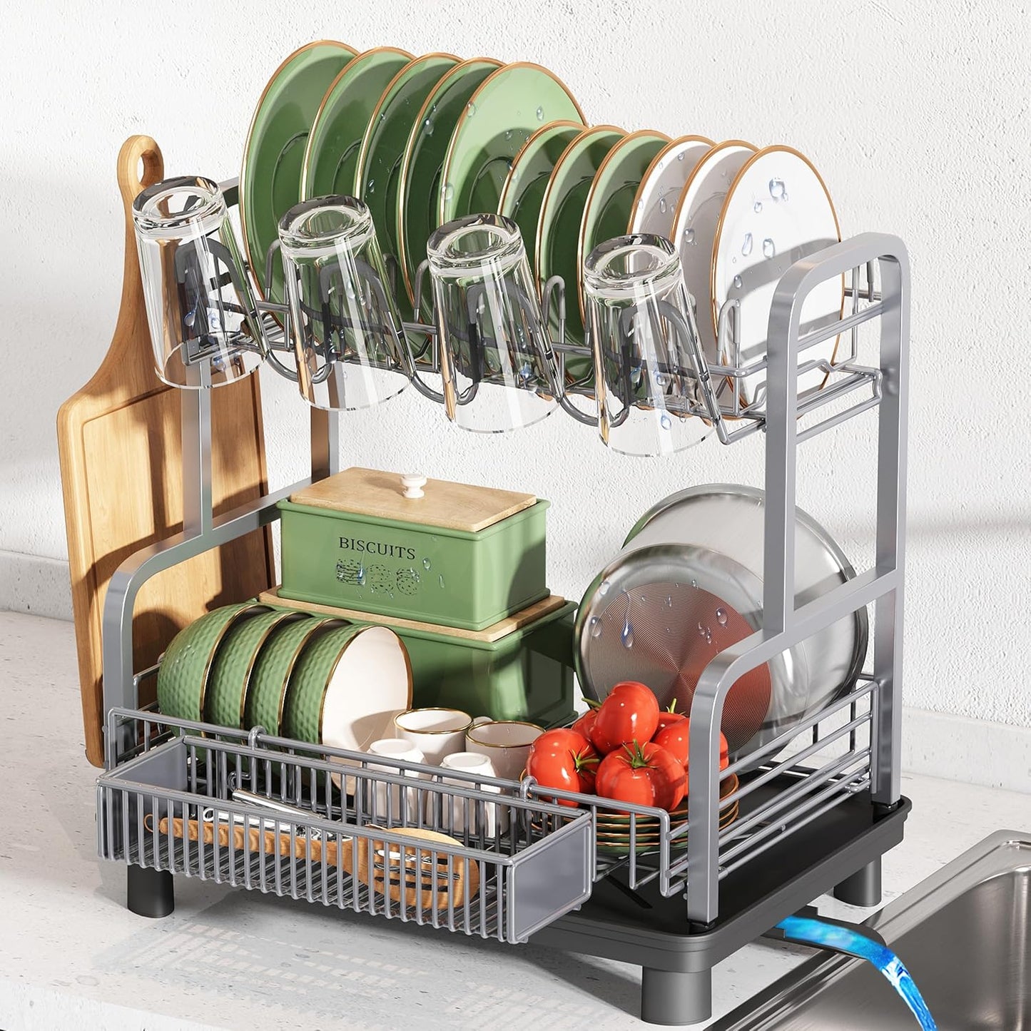 2 Tier Compact Stainless Steel Dish Drainers Drying Rack for Kitchen Counter, Space Saving