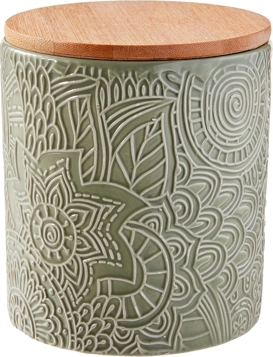1182486-RB Embossed Canister 4-Piece Ceramic Set Jar Container with Wooden Lids for Cookies, Candy
