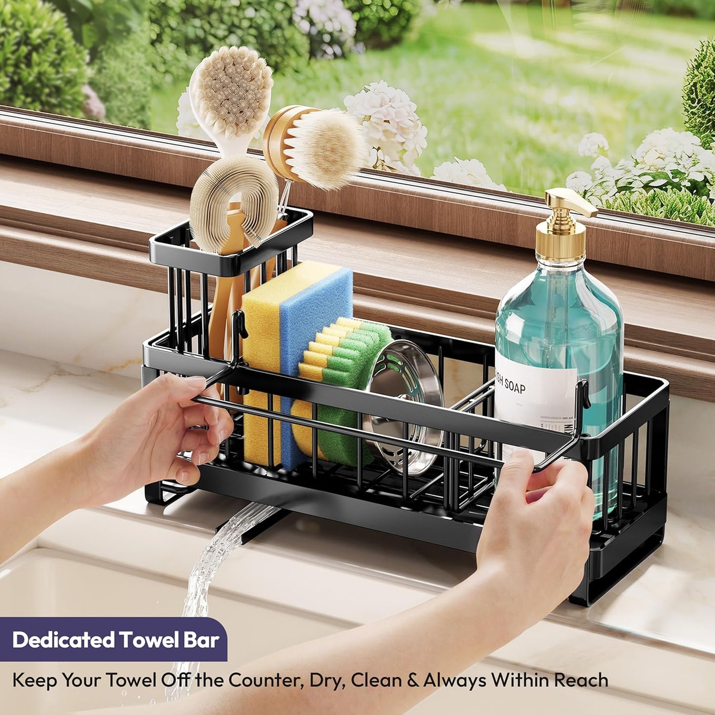 Sponge Holder for Kitchen Sink - Sink Caddy with Brush Holder Self-draining Sponge Caddy Organizer with Divider Stainless Steel Kitchen Accessories Storage for Countertop, Black