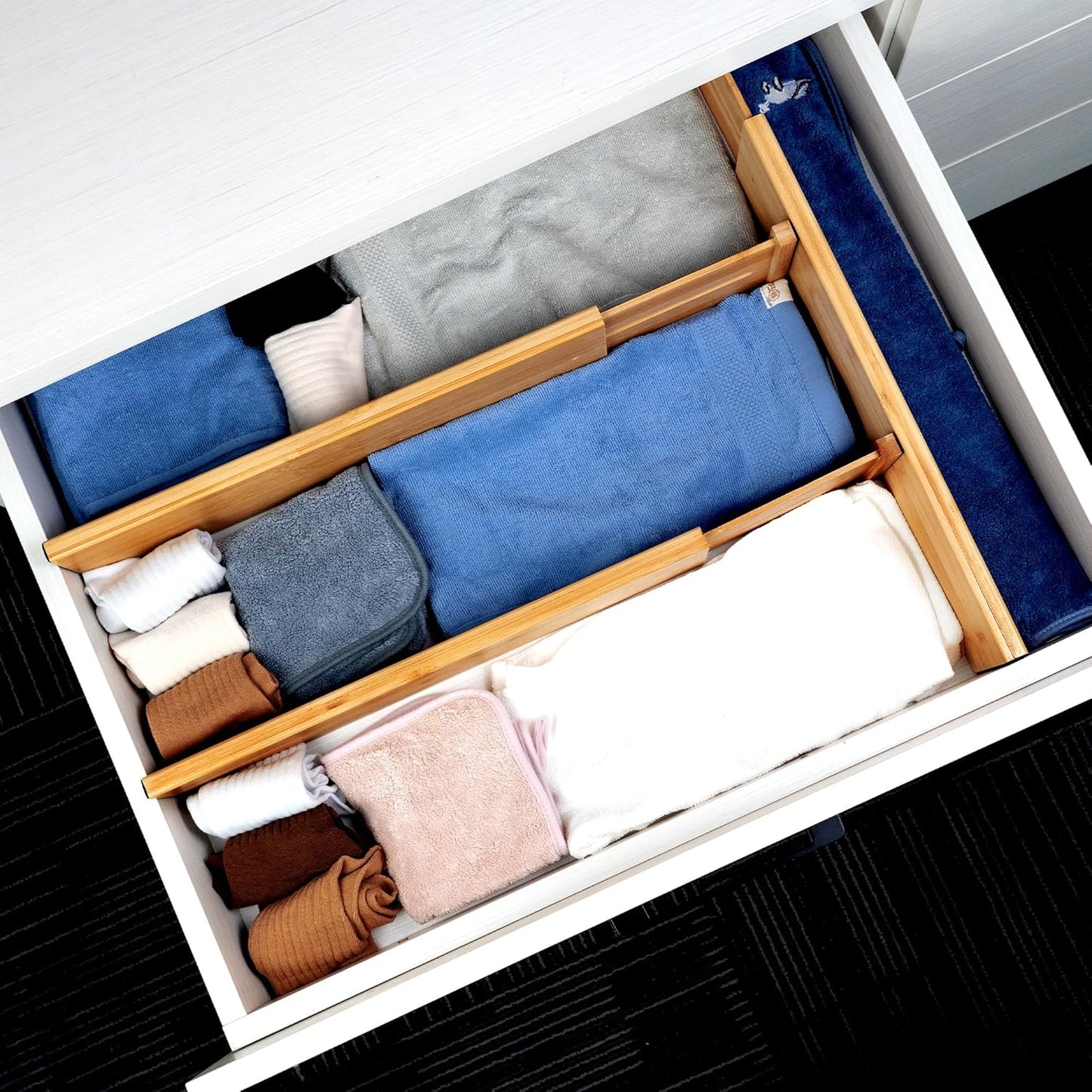 Bamboo Drawer Dividers Large, 4'' High Adjustable Kitchen Drawer Organizers for Clothing