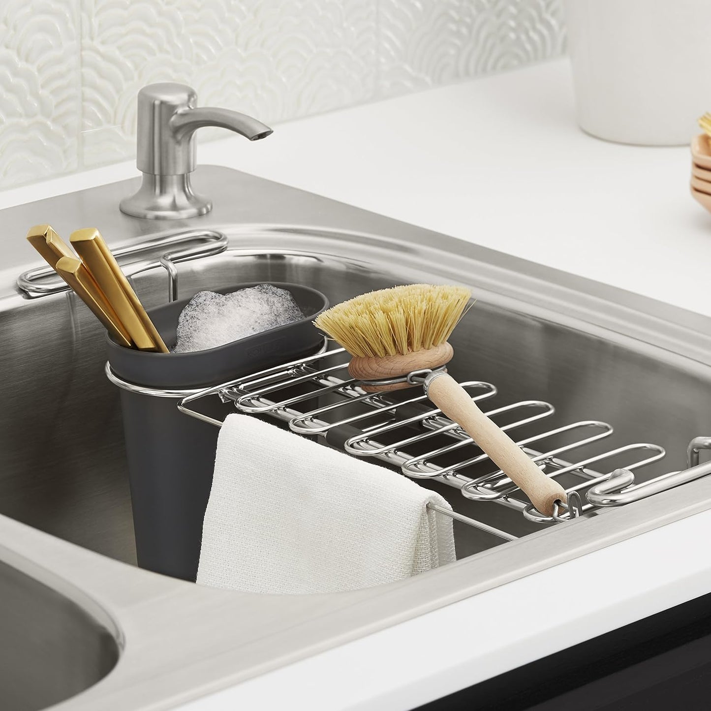 K-5473-CHR Multi-Purpose Over-The-Sink Drying Rack, Caddy with Kitchen Towel Bar Holder