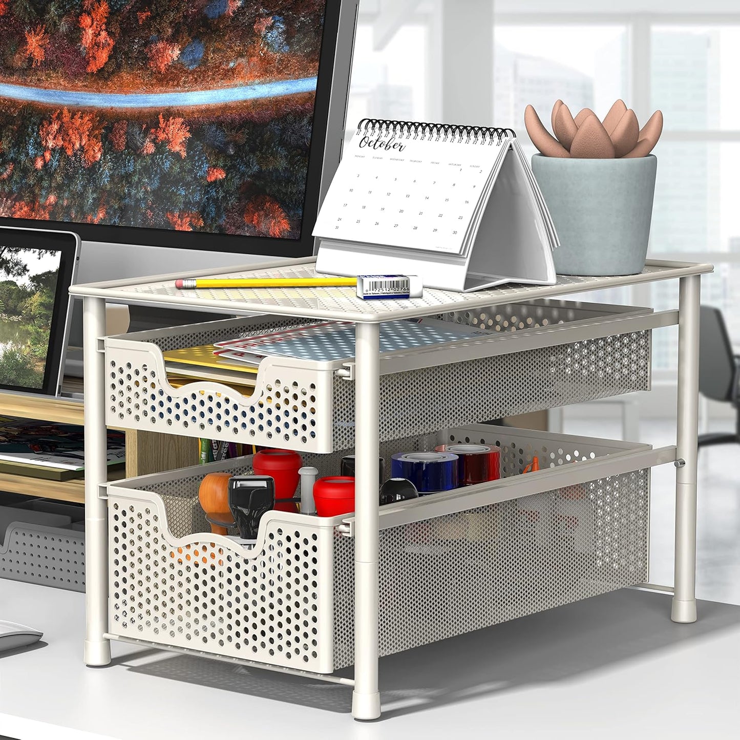 Stackable 2 Tier Sliding Basket Organizer Drawer, White