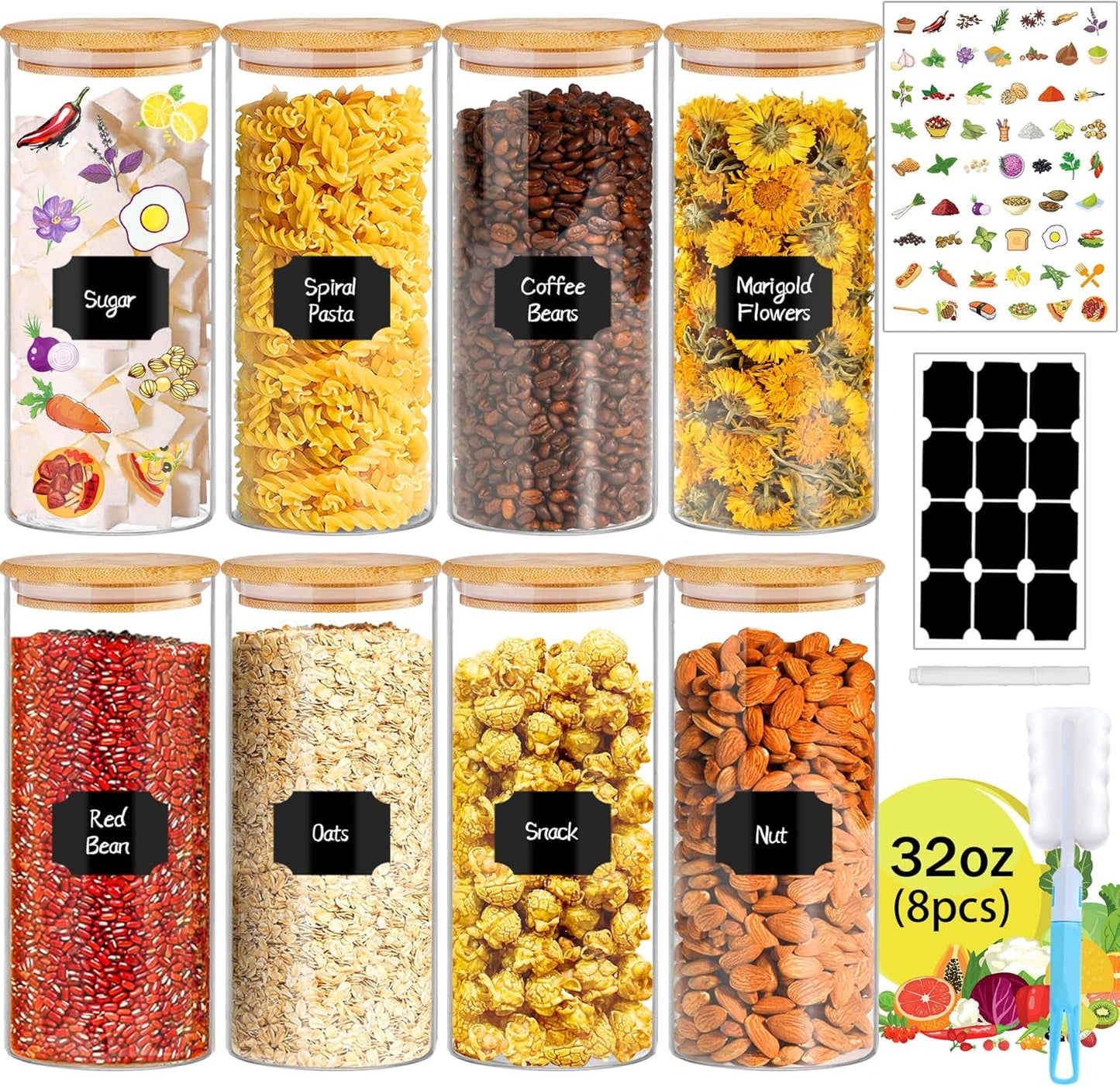 32 oz 8 Pcs Glass Jars with Bamboo Lids, Stackable Clear Food Storage Jars