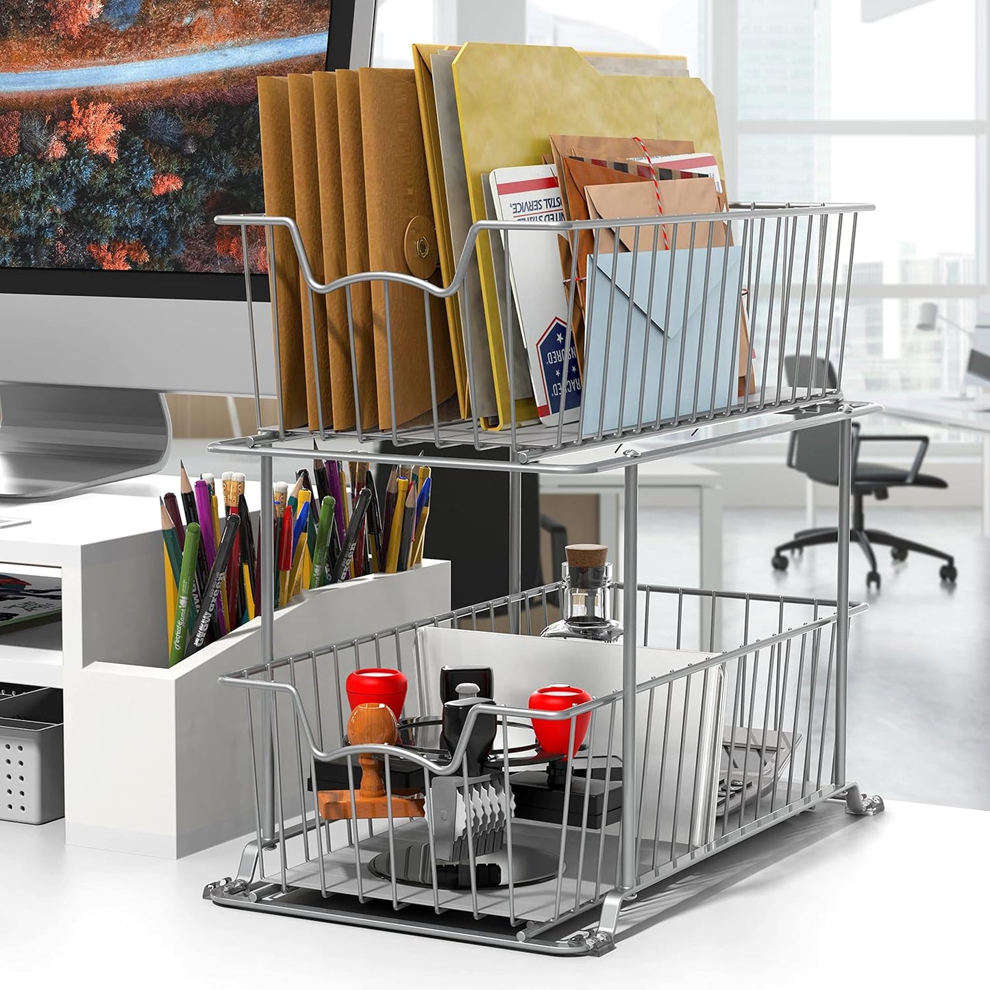 2 Tier Cabinet Wire Basket Drawer Organizer, Grey