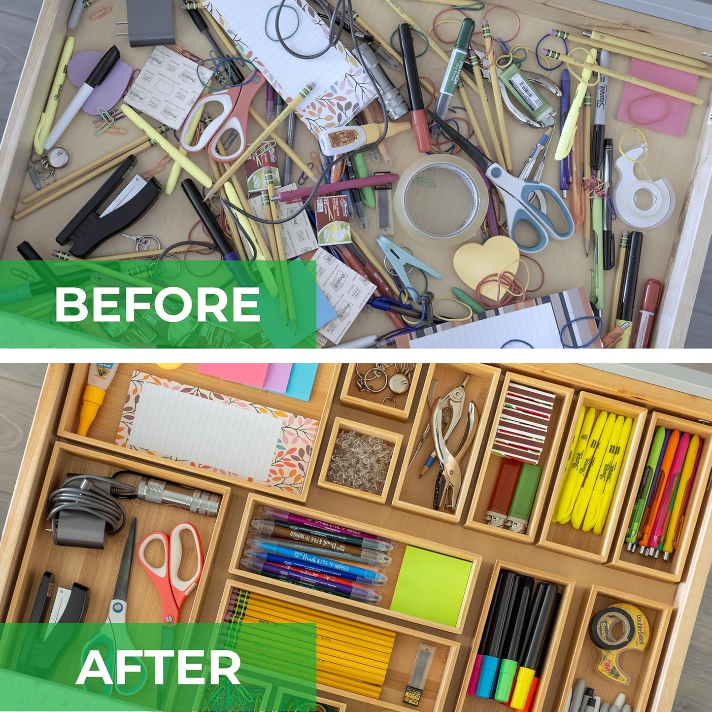 Bamboo Drawer Organizer Boxes - Set of 14 Wooden Drawer Organizers for Kitchen, Bathroom, Office