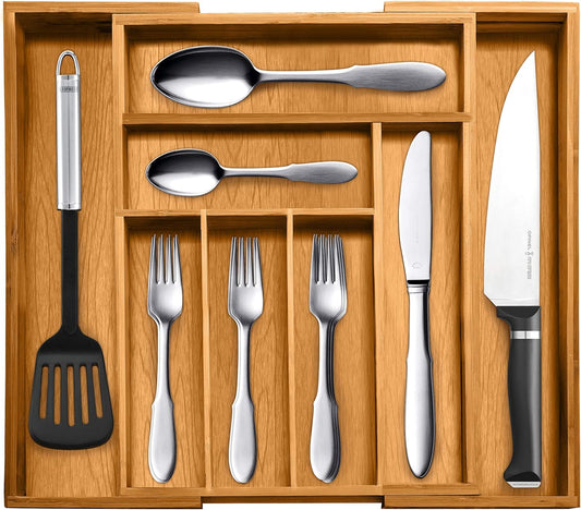 Expandable Bamboo Drawer Organizer - Large Kitchen Utensil Holder for Cutlery, Silverware