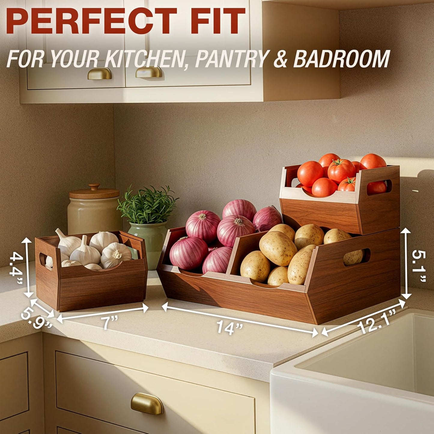 Stackable Solid Wood Storage Bins for Kitchen Pantry & Countertop