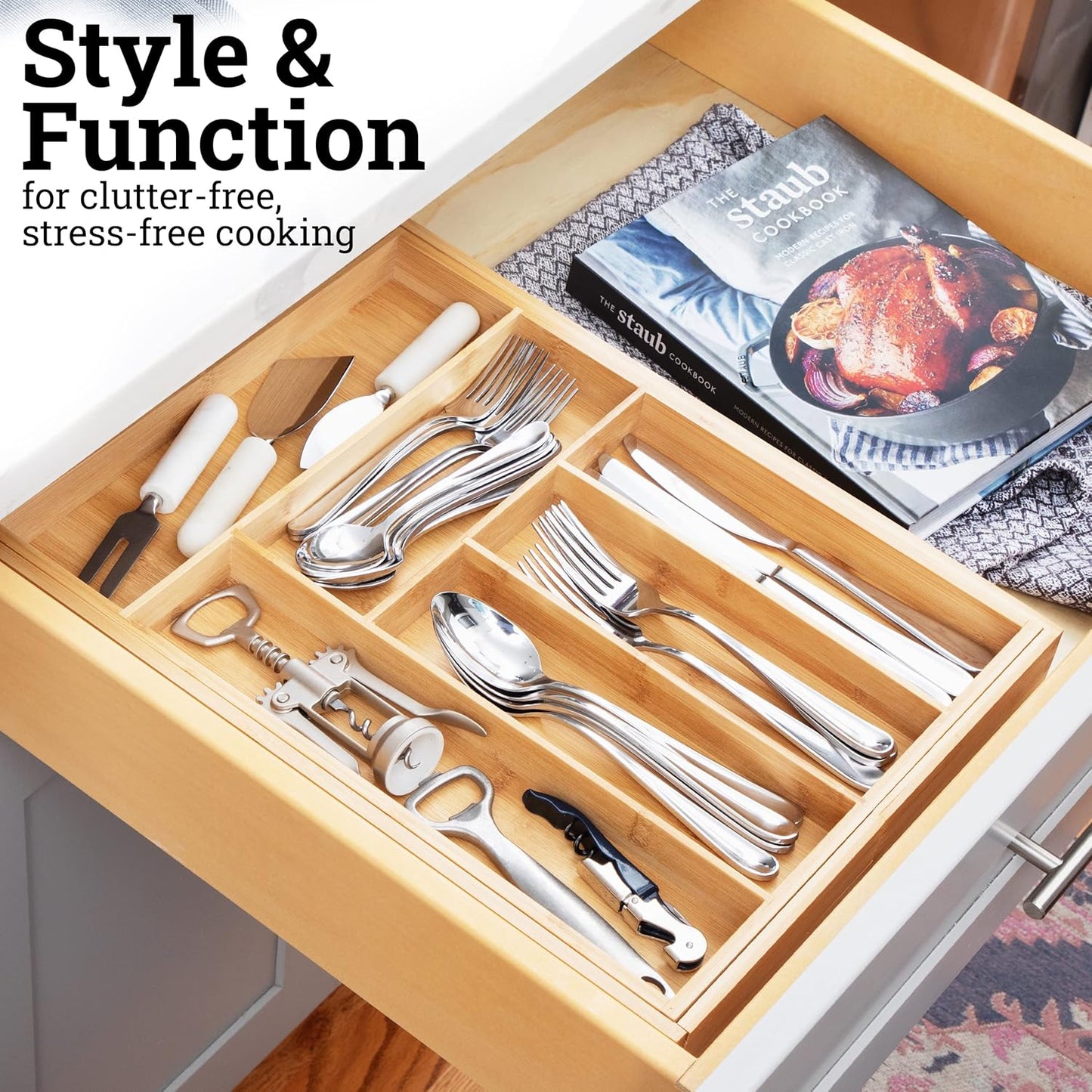 Premium Bamboo Drawer Organizer, Silverware Organizer, 100% Pure Bamboo