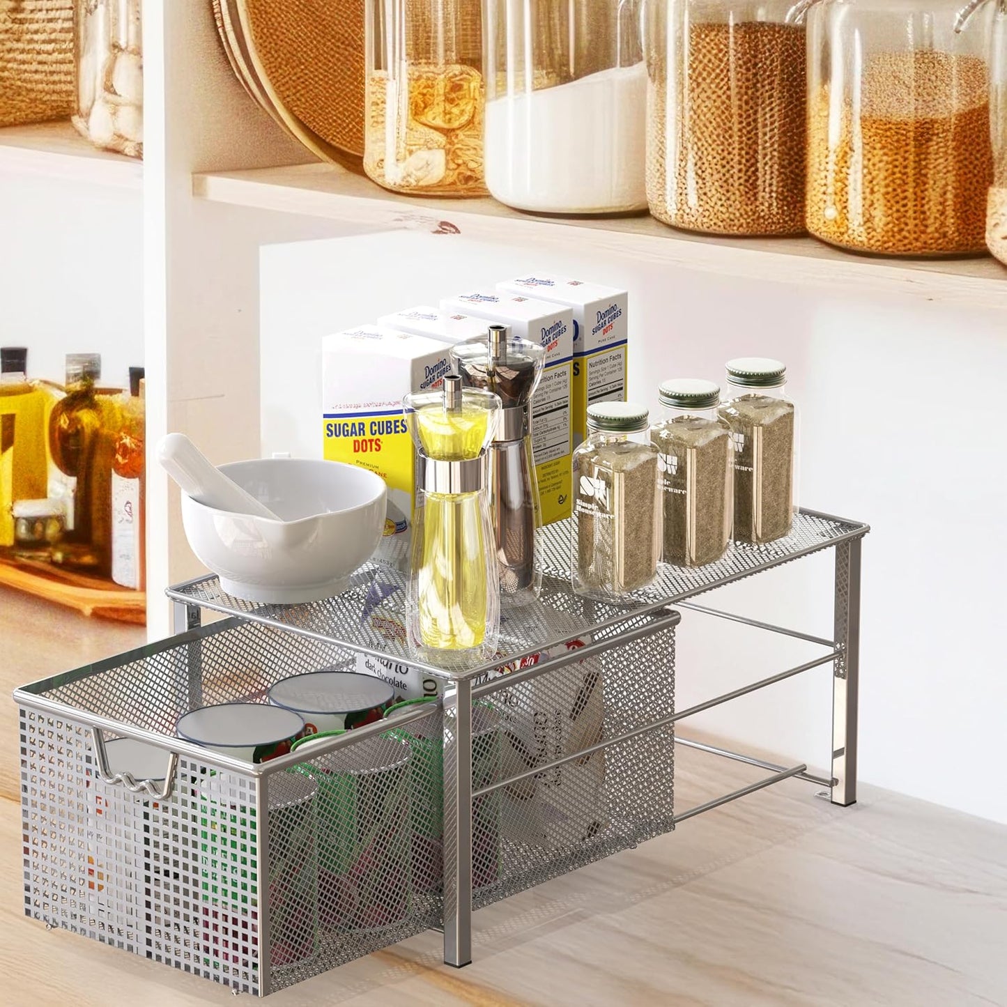 Stackable Pull Out Cabinet Sliding Basket with Dividers, Large, Silver