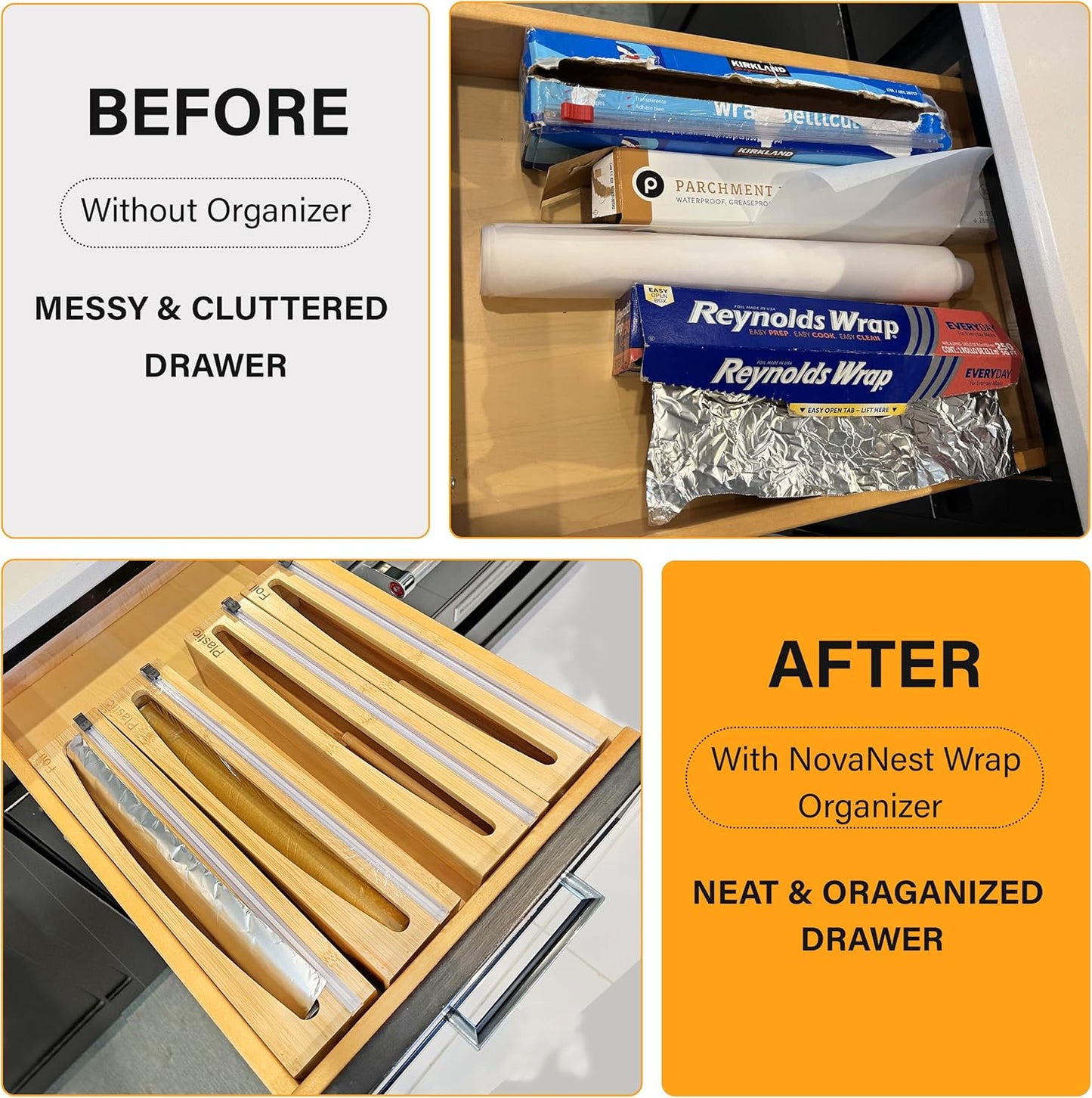 Wrap Organizer Dispenser with Cutter, (2 Piece Set), Fits 12" Rolls, Plastic Wrap, Aluminum Foil