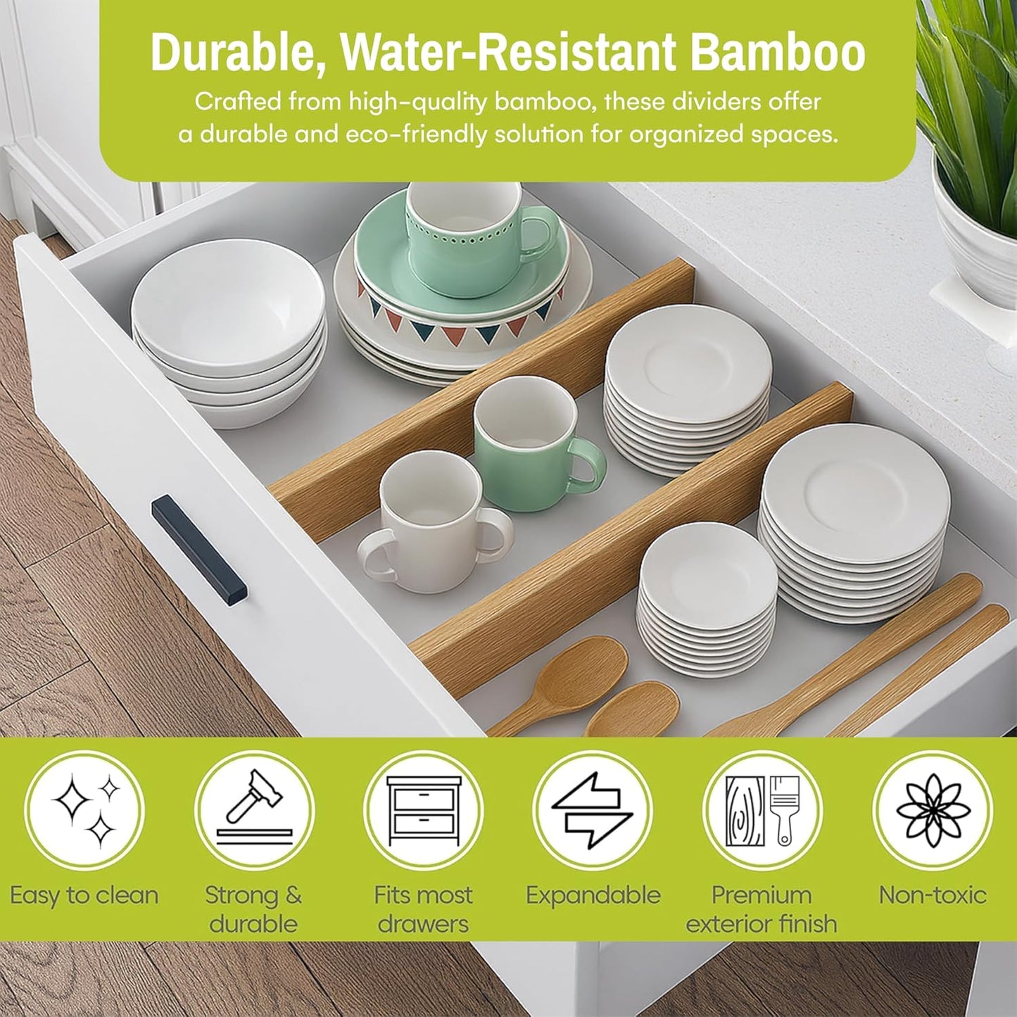 Bamboo Drawer Dividers Adjustable & Expandable, Kitchen Drawer Organizer, Ideal for Silverware