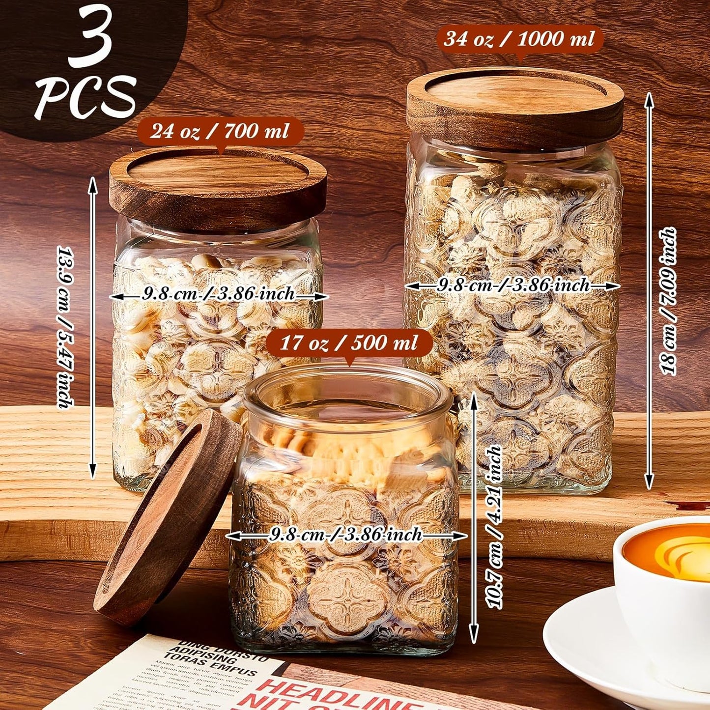 3 Pcs Glass Food Storage Containers 17/24/34 oz Vintage Glass Jar with Lid Begonia Pattern Airtight Candy Jar Food Jars Canisters for Kitchen Counter Pantry Coffee Tea Beans (Square)