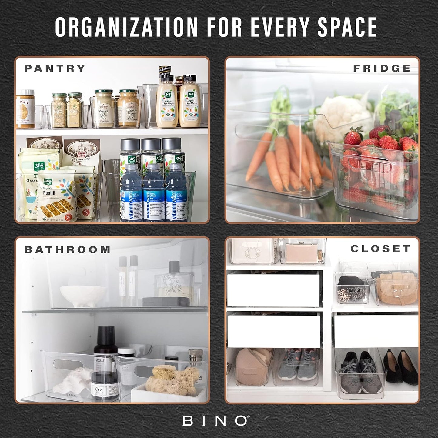 Plastic Organizer Bins, X-Large - 4 Pack | The SOHO Collection | Multi-Use Organizer Bins | Pantry & Freezer Bin | Plastic Storage Containers | Bin for Home & Kitchen Org