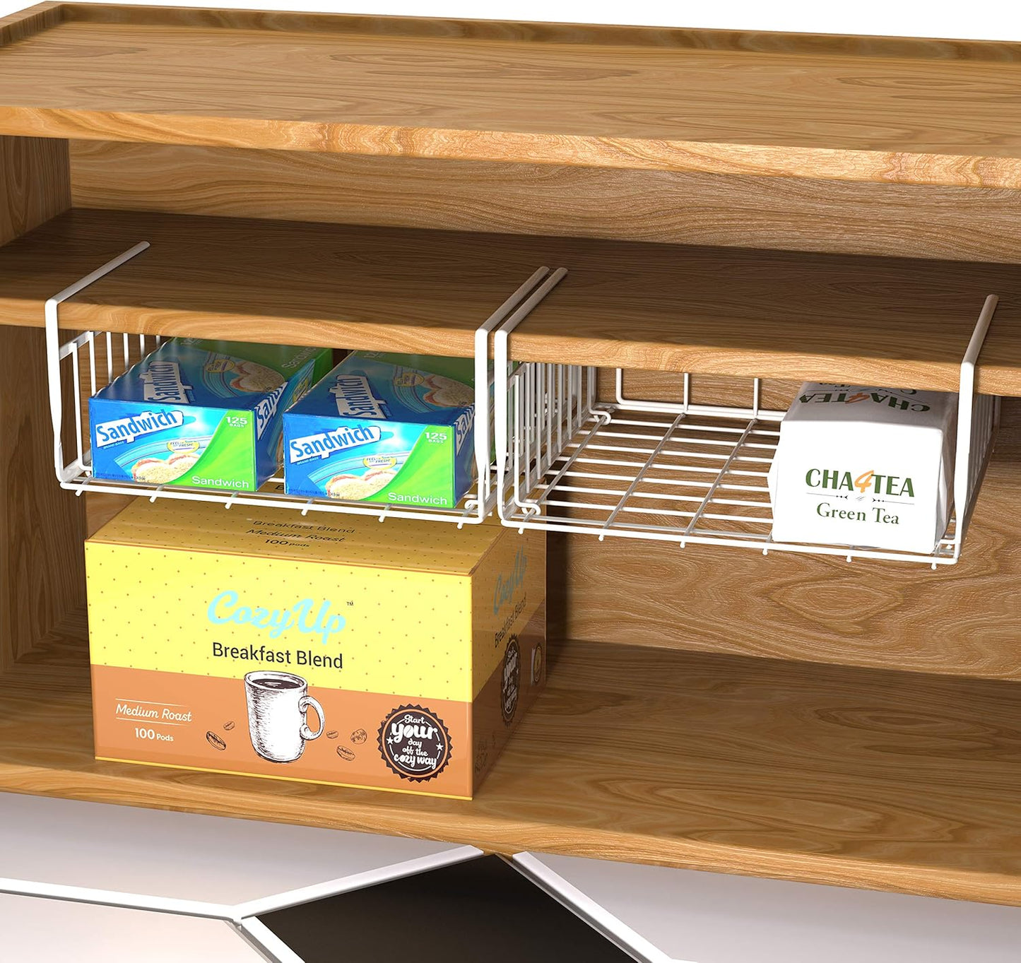 Under Shelf Basket, White – 2-Pack Space-Saving Storage Organizer for Kitchen, Pantry, Closet